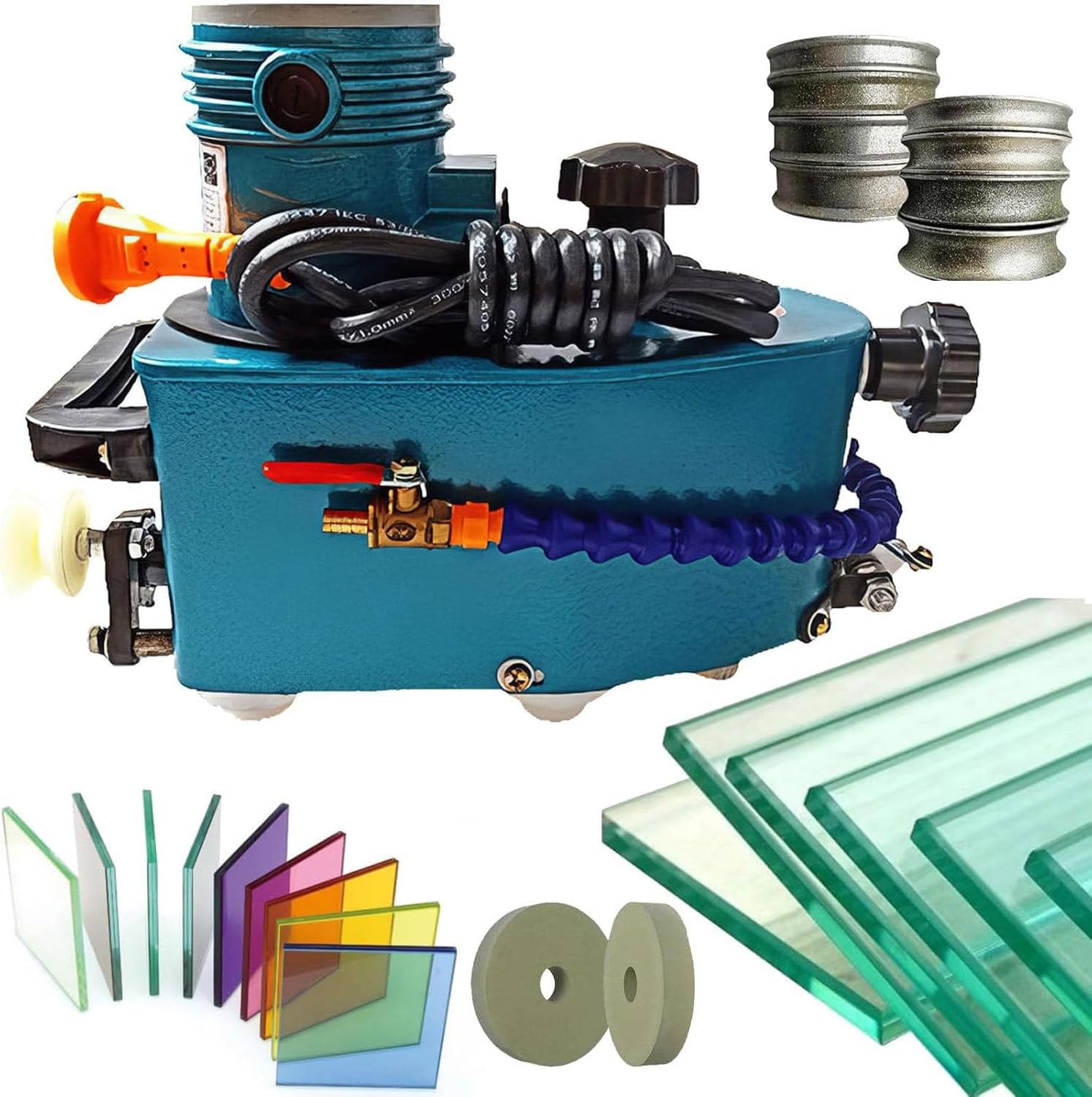 800W Electric Small Glass Edging Machine, DIY Diamond Glass Art Corner Grinding Edging Machine W/8 Diamond Wheels & 2 Polisher Wheels (Blue)