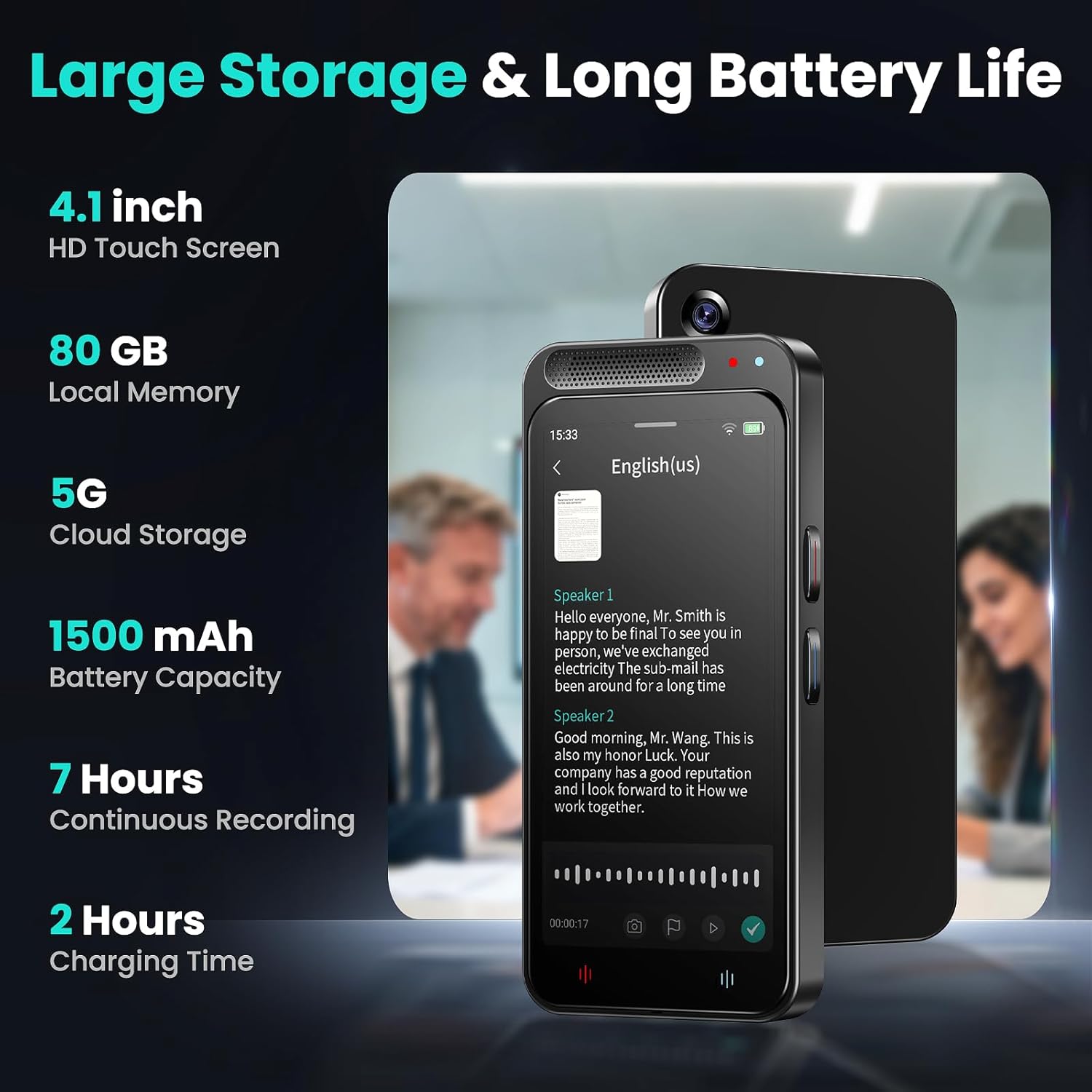 AI Voice Recorder, 80GB Digital Voice Recorder with Free Transcription, Summarize, Translation Base on AI Technology, Online Offline Work, Support 134 Languages, AI Recorder for Lectures, Meetings