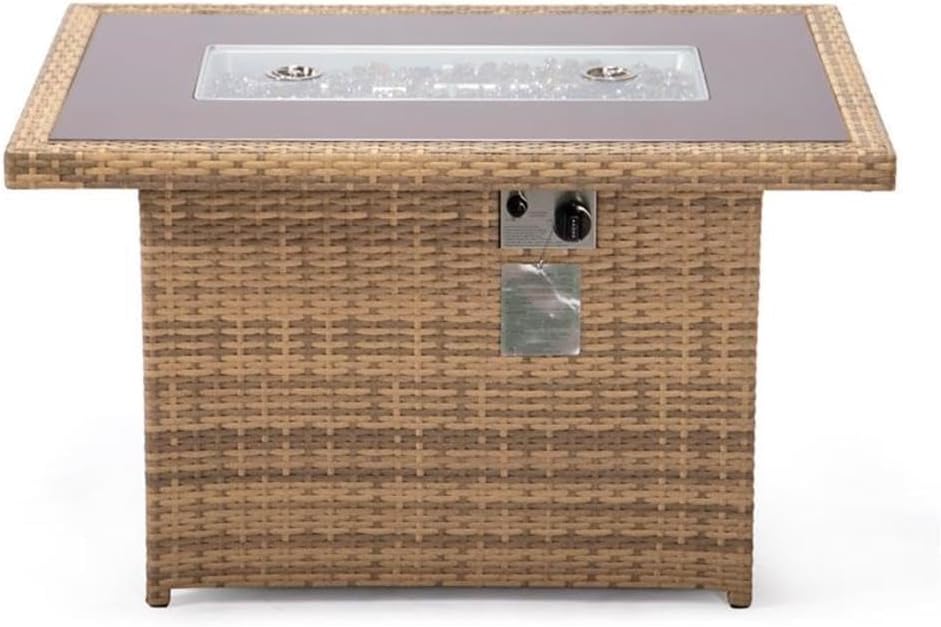 LeisureMod 44-Inch Propane Fire Pit Table, 50,000 BTU Auto-Ignition Gas Fire Pit with Lid, Tempered Glass Wind Guard & Decorative Stones, Light Brown