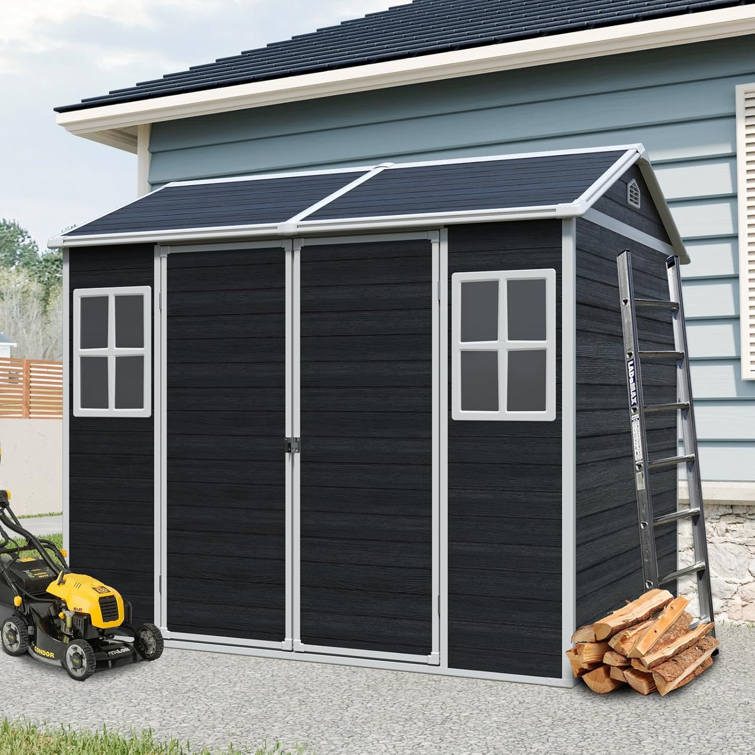 KEIKI 8x6 FT Outdoor Storage Shed Waterproof Resin Cabinet,Sloped Roof Polypropylene Frame with Two-Window and Double-Door for Patio Furniture