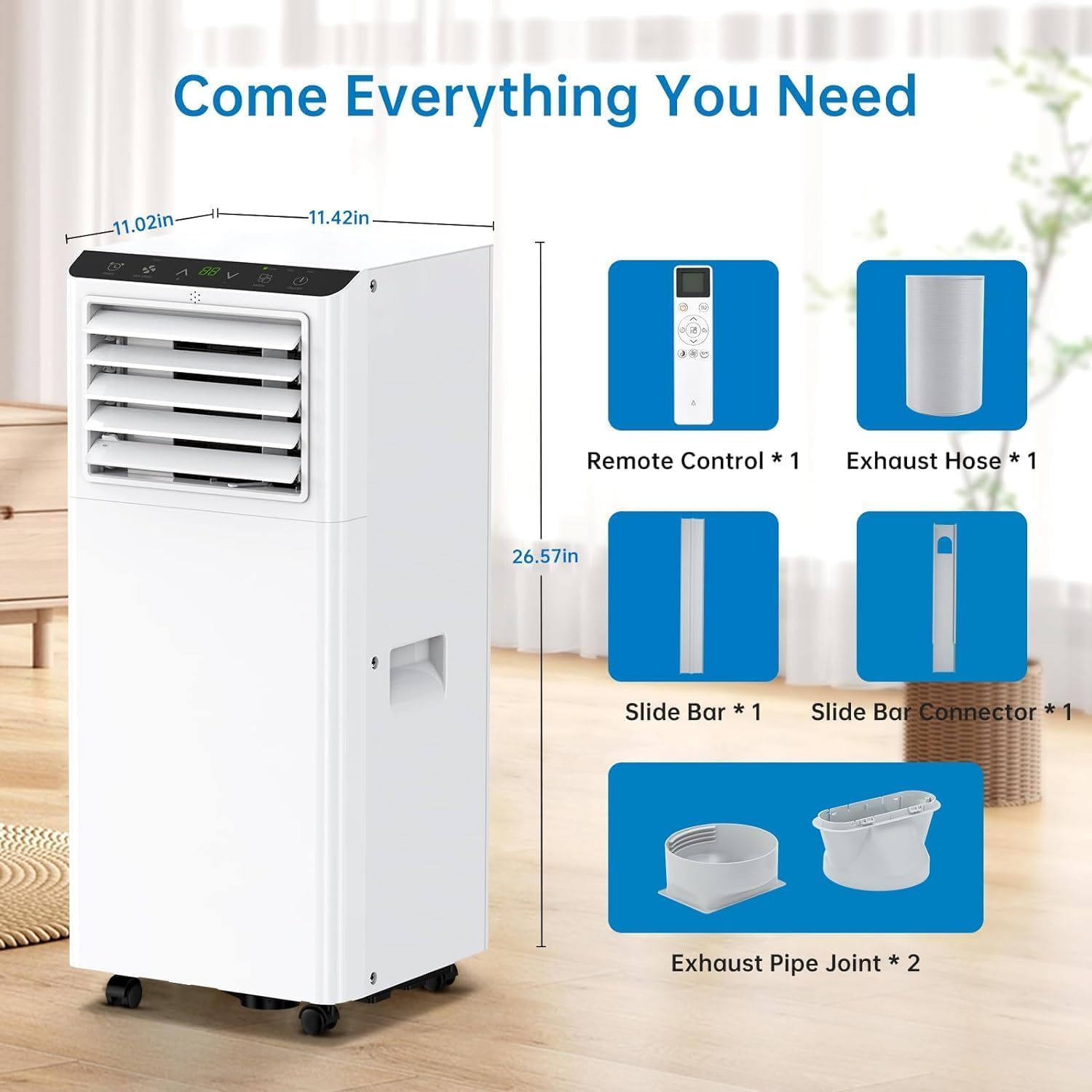 Versatile 4-in-1 Portable Air Conditioner, 8000 BTU Unit with Dehumidifier & Fan for Efficient Cooling in Spaces up to 350 Sq. Ft, Silent Sleep Mode, Easy Installation, White