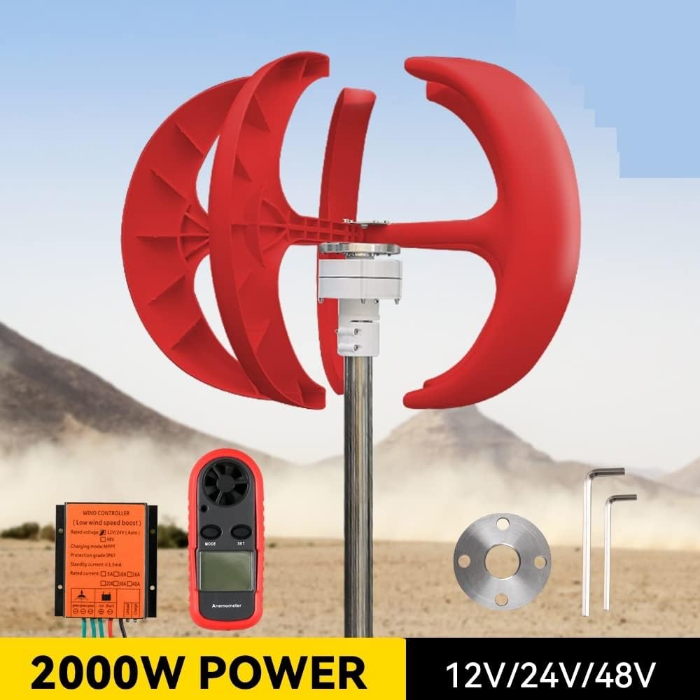 Wind Turbine, Vertical Wind Turbine Generator 2kw Windmill 12v 24v 48v Low Noise Wind Speed Start with MPPT Charge Controller for Home Use(White,with MPPT Controller_24V)