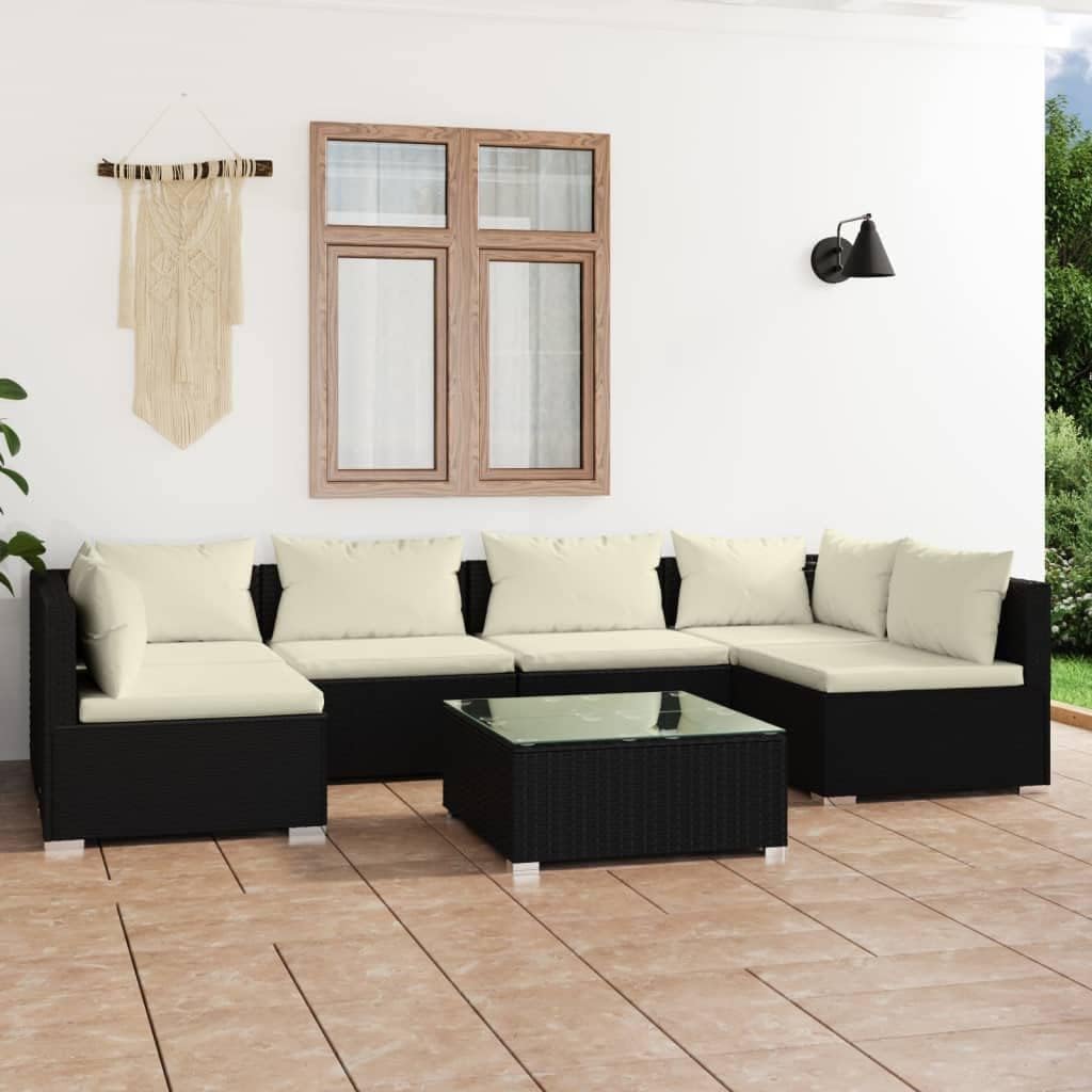 7 Piece Patio Lounge Set with Cushions Poly Rattan Black,AllWeather Rattan Patio Lounge Set with Comfortable Cushions and Modular Design Patio Furniture, Outdoor Furniture Sets
