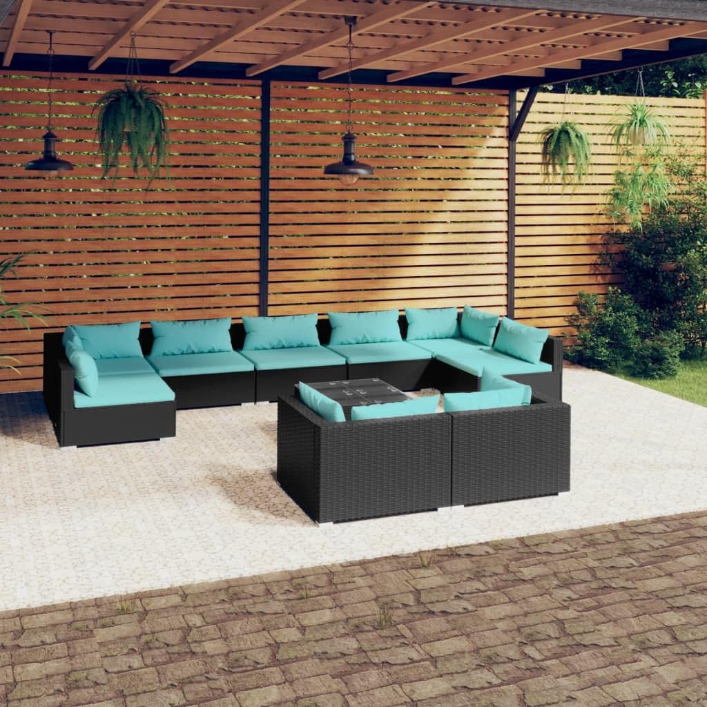 10 Piece Patio Lounge Set with Cushions Black Poly Rattan,Patio Lounge Set with Comfortable Cushions and Durable Frame for Outdoor Relaxation Outdoor Furniture Sets, Patio Furniture