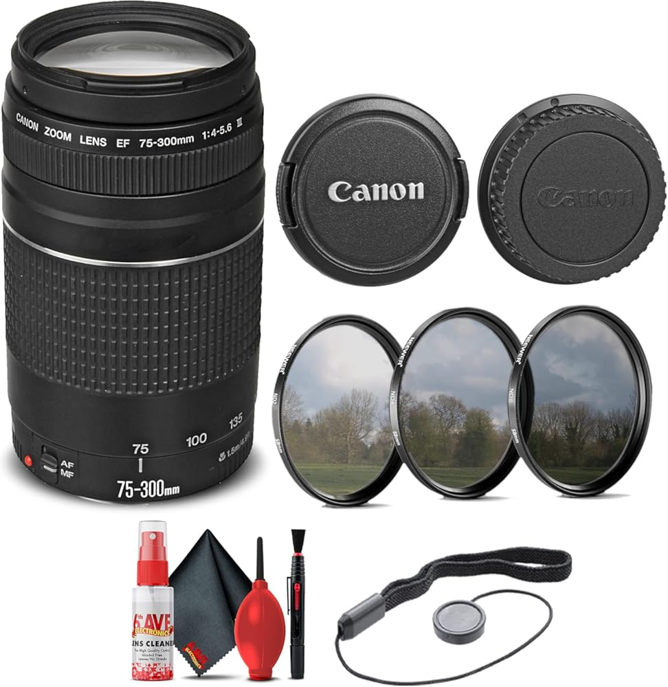 Canon EF 75-300mm f/4-5.6 III Lens (6473A003) + Filter Kit + Cap Keeper + Cleaning Kit + More (Renewed)