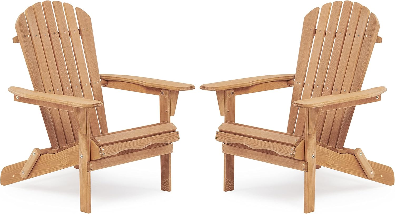 Wooden Outdoor Folding Adirondack Chair Set of 2, Solid Wood Lounge Patio Chairs for Garden, Lawn, Backyard, Deck, Poolside, Fire Pit, Half Assembled, Light Brown, 31x28x36 inches
