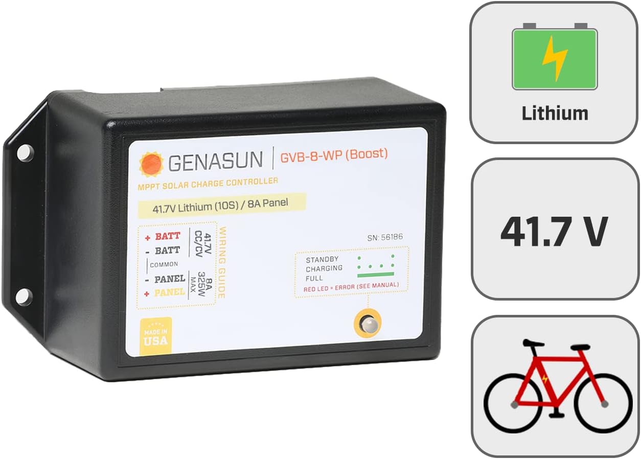 Genasun GVB-8-Li-41.7V-WP, 8A (Input) Waterproof Voltage Boosting MPPT Solar Charge Controller for 36 V Nominal 10S Lithium Batteries (eBikes)