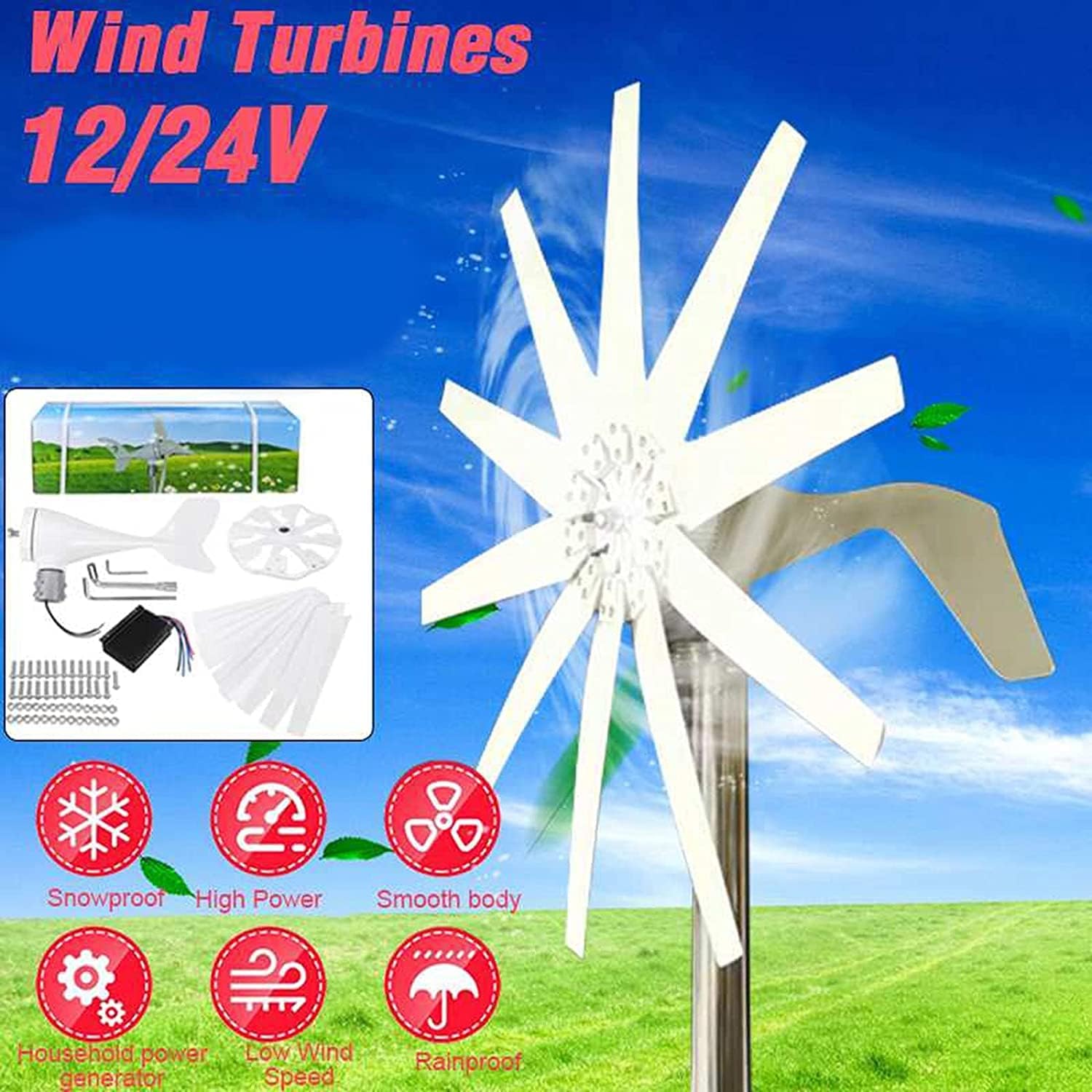 LiuSj JUnSt 6000W Small Wind Turbine,with 10 Blades Small Wind Turbine Low Noise High Efficiency Wind Turbine Generator for Home Street Light,12v