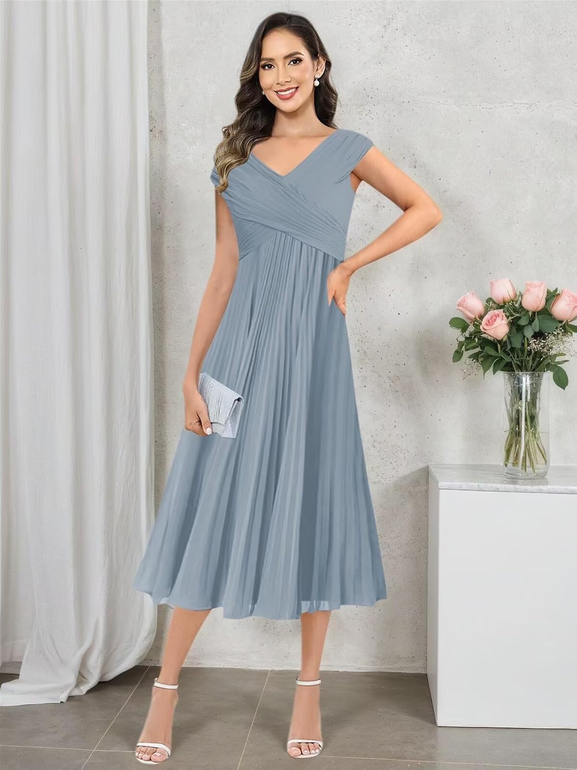 BANTRATIC Tea Length Mother of The Bride Dresses for Wedding Chiffon Cap Sleeve V Neck Pleated Formal Prom Gown with Belt