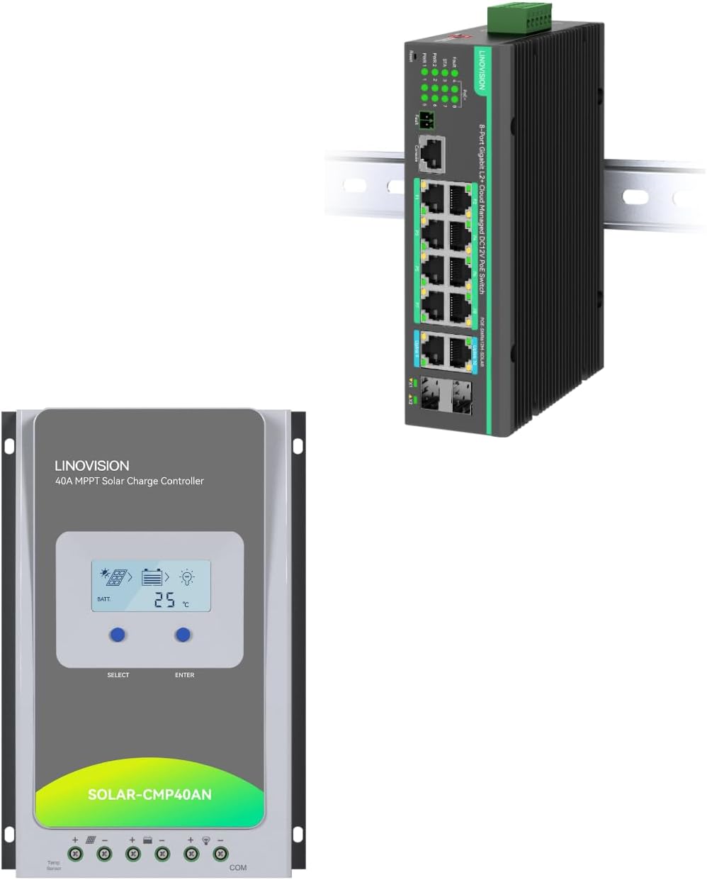 LINOVISION 12V/24V 40A MPPT Solar Charge Controller with 12 Ports L2+ Cloud Managed PoE Switch