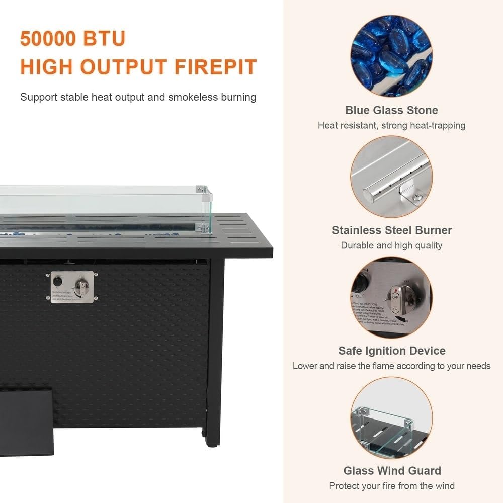 Outdoor Btu Rectangular 45â€ Propane Fire Pit Table with Glass Wind Guard for Patio Deck Backyard Black Rectangle Abs Oak Finish