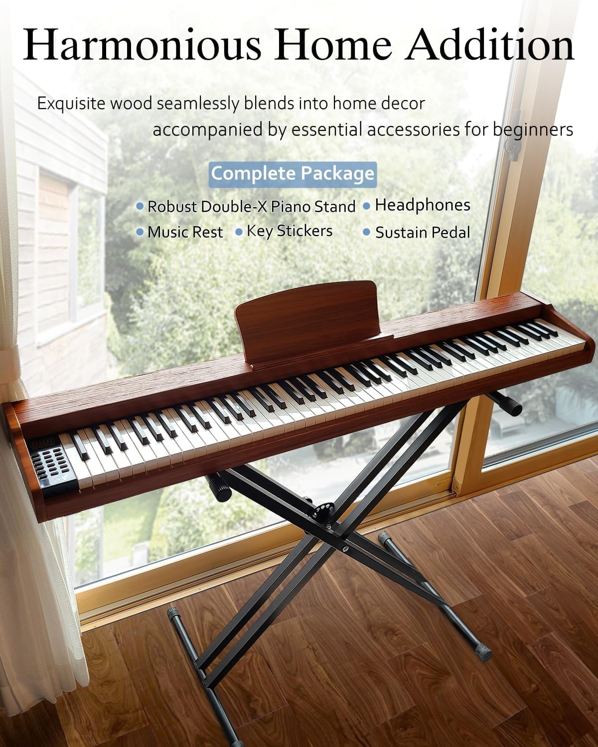 Longeye Piano Keyboard 88 Keys Wooden Electric Piano Semi Weighted Digital Piano for Beginner & Professional with Piano Stand, Music Rest, Headphones MOLD2 Oak beige