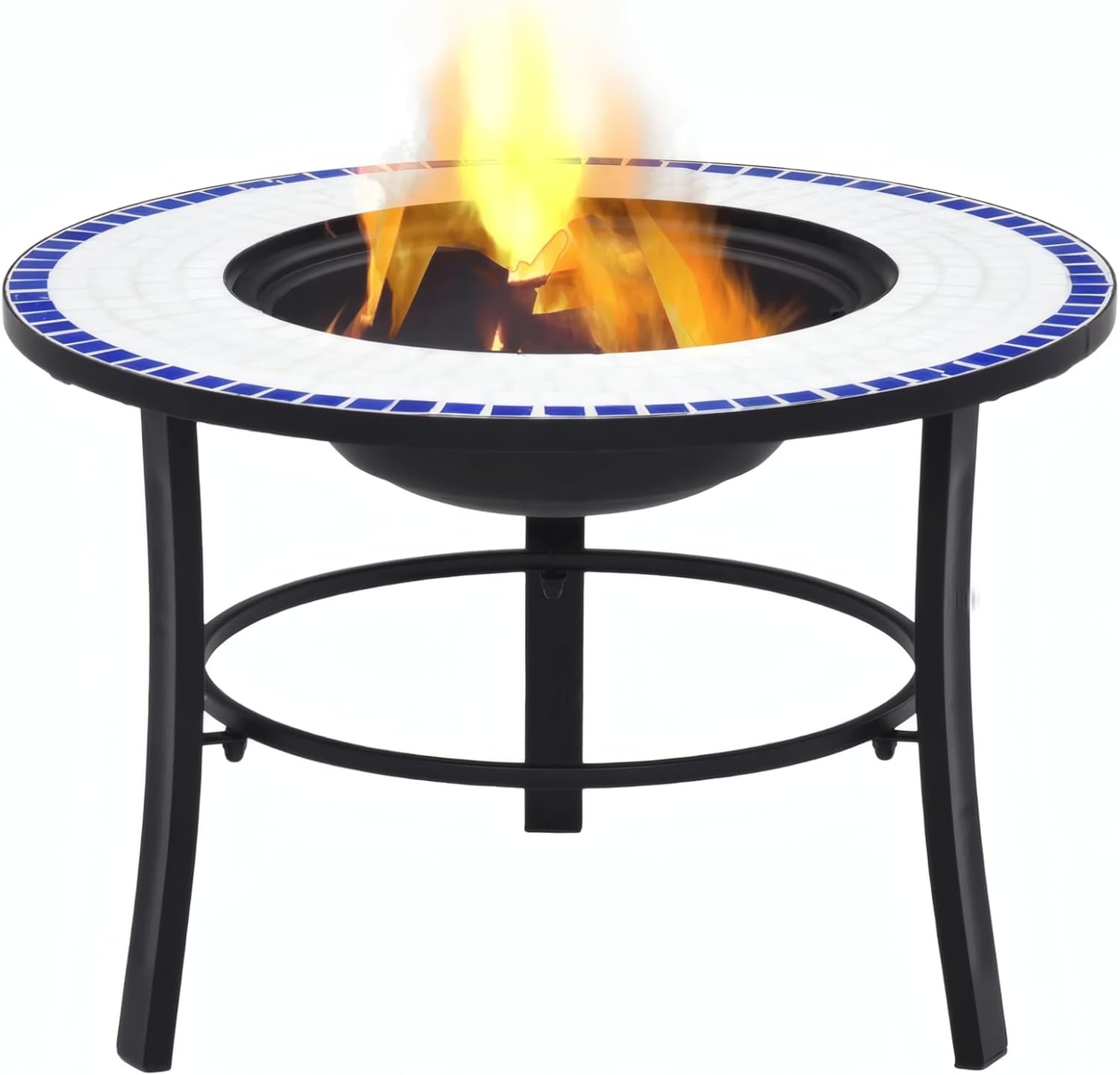 Penau Mosaic Ceramic Fire Pit Bowl, Outdoor Round Firepit with Three Leg Steel Stand, Blue and White Mosaic Tabletop Surround, Includes Fire Grid, 26.8 x 26.8 x 17.7 Inchs