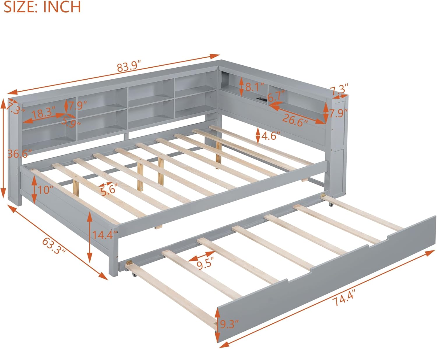 Wooden Twin Daybed with Trundle and Storage Shelf, Twin Size Daybed Frame with Charging Station, for Bedroom, Guest Room Grey (Product D)