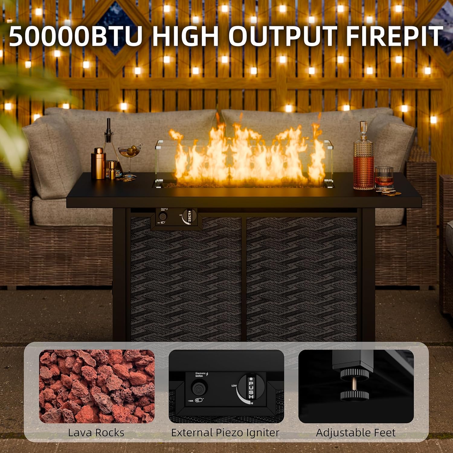Meilocar Propane Fire Table, 43 in Outdoor Fire Pit Table with Lava Rocks, 50,000 BTU Rectangular Fire Table with Lid and Rain Cover, 2-in-1 Firepit Table for Patio, Backyard, Balcony