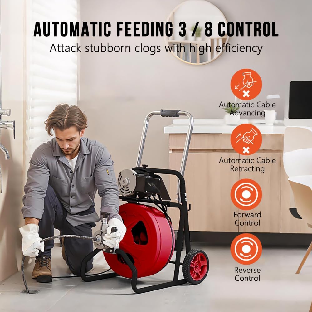 Electric Drain Snake Auger Machine with Auto Feed System 50FT 3/8 Inch Sewer Cleaning Tool for Home and Commercial Use
