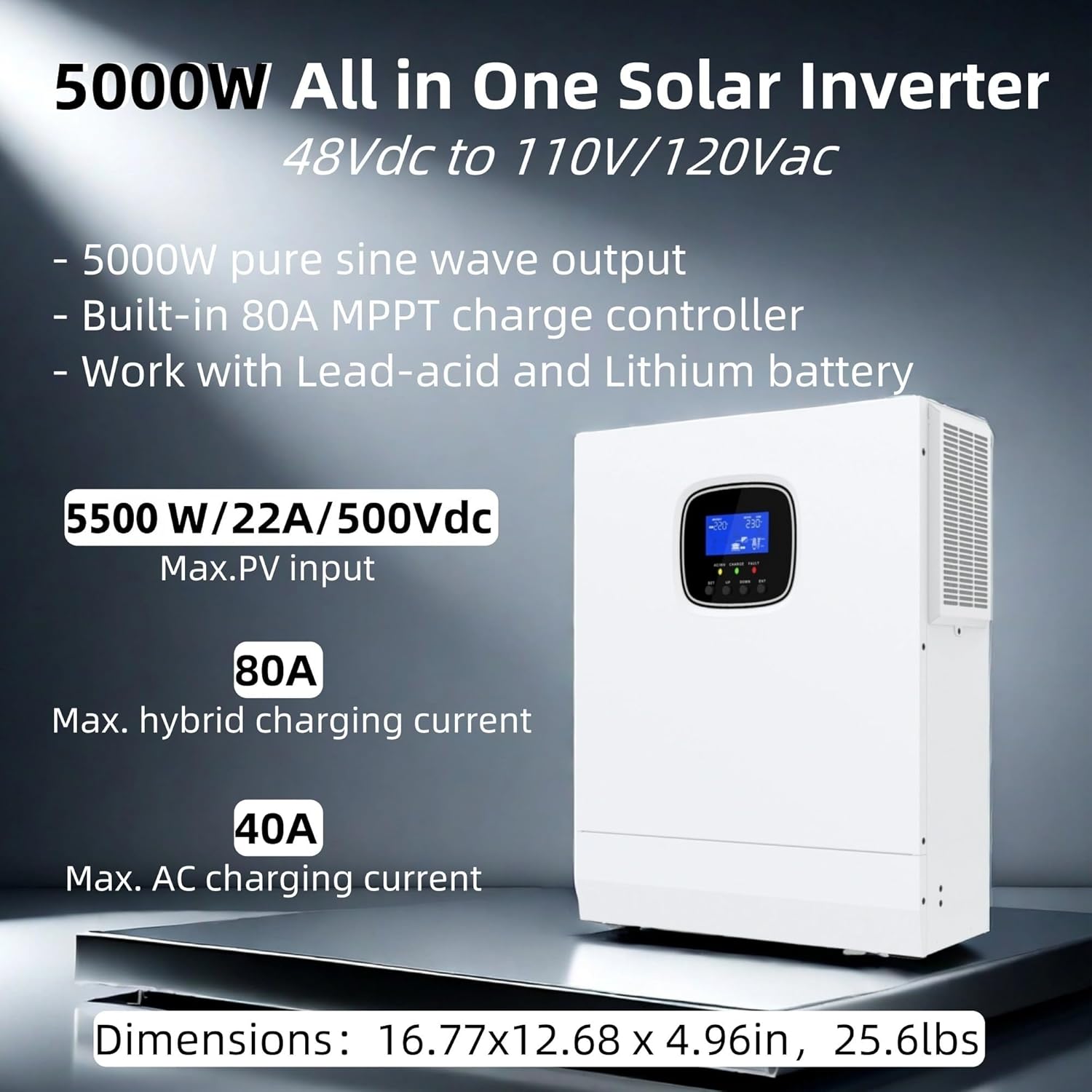 5000W Hybrid Solar Inverter 48VAC to 110V/120VAC, Built-in 80A MPPT Solar Charge Controller, Max.PV Input 5500W, 500VDC, 22A, Work w/ 48V Lead Acid/Lithium Batteries, for Home,RV,Truck