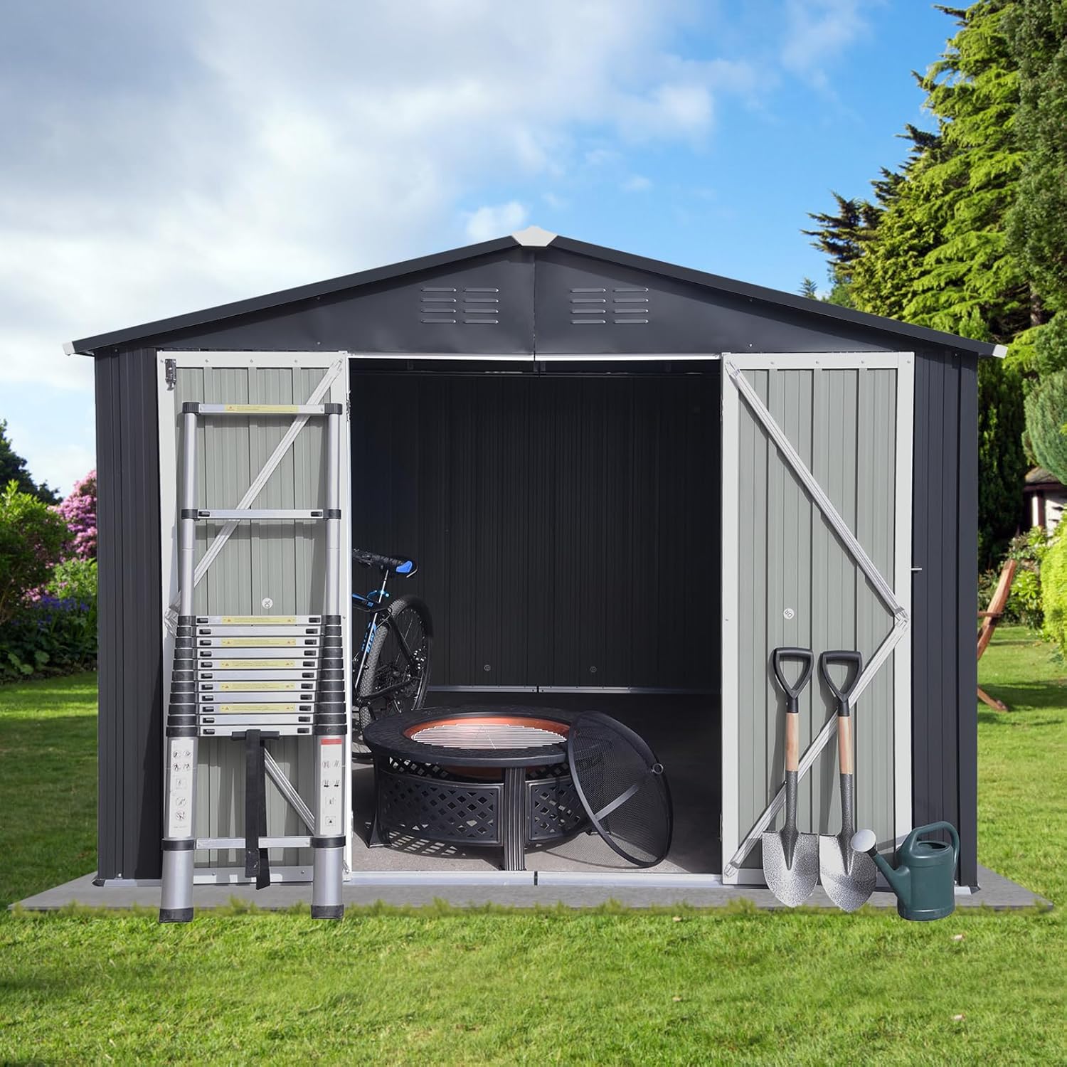112.5in x142.5in Heavy-Gauge Metal Outdoor Storage Shed - Apex Roof w/Lockable Hinged Door & Free Padlock, Tiny Home & Tool Shed Solution for Large Equipment,Dark Gray