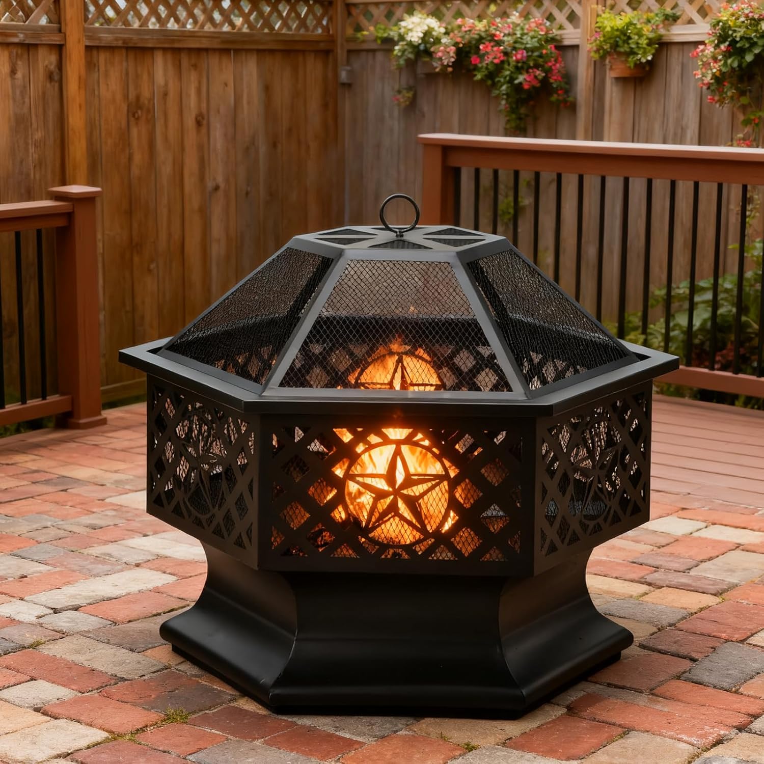 28 Inch Hexagonal Fire Pit,Wood Burning Firepits for Outside with Spark Screen&Poker,Metal Hex-Shaped Outdoor Fire Pit for Outside,Backyard,Bonfire,Patio,Garden,Picnic and Camping（Black）