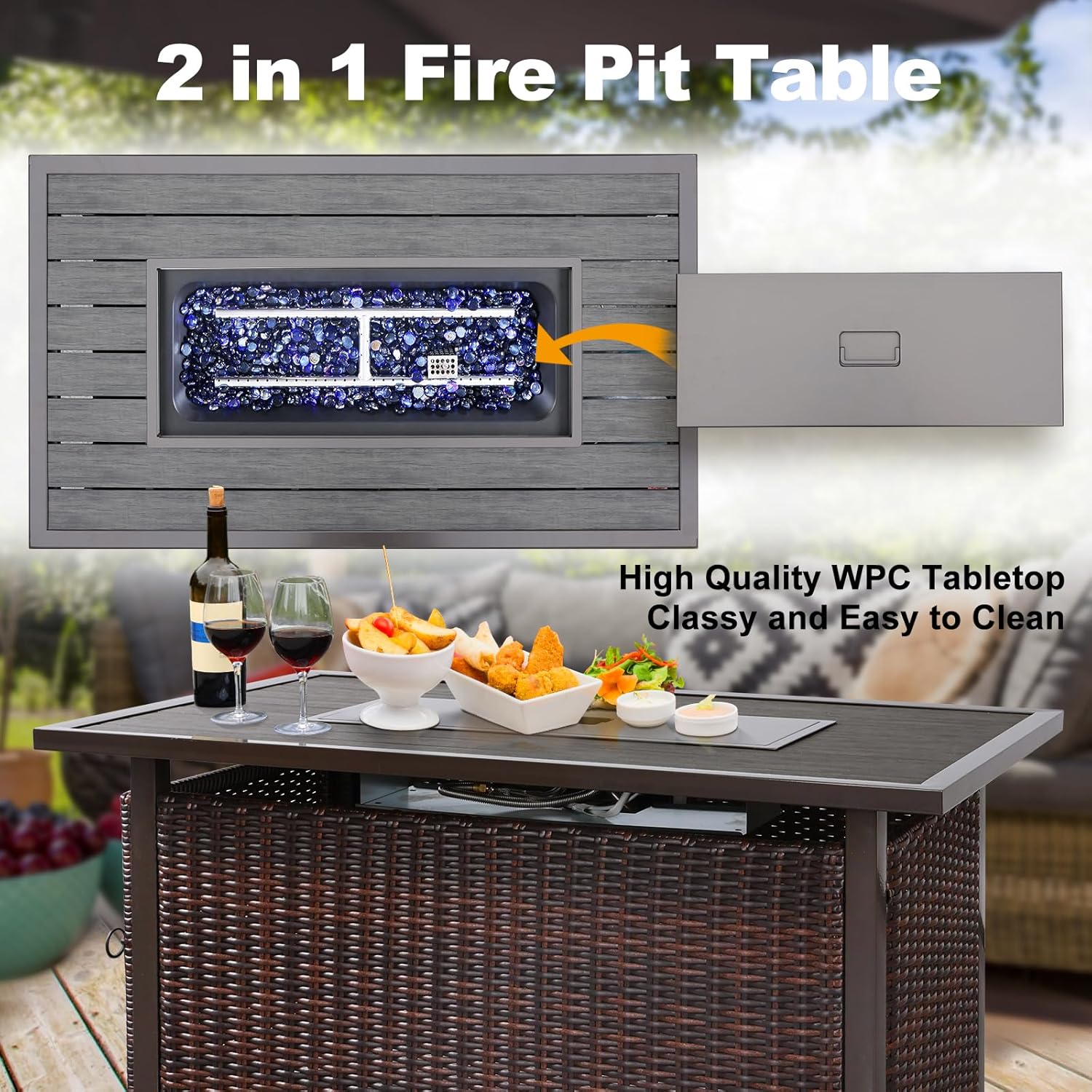 NOBLEMOOD 48 INCH Propane Fire Pit Outdoor Fire Table with Glass Beads, 50,000 BTU Gas Fire Pit Table w/Aluminum Table Top, Waterproof Cover for Outdoor, Patio, Garden, CSA Certification