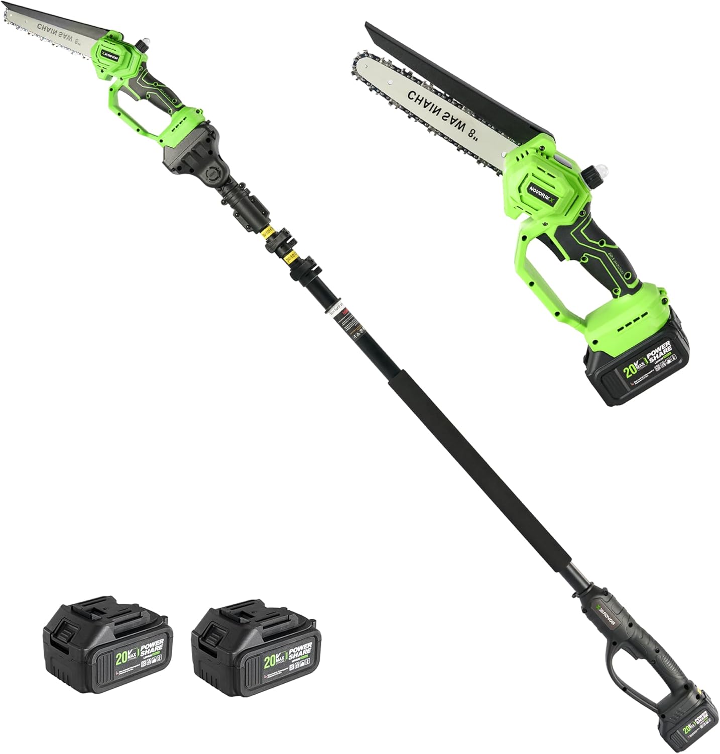 2-in-1 Cordless Pole Saw & Mini Chainsaw 20V 3.0Ah*2 8-Inch 15FT Reach Electric Tree Trimmer Battery Powered Chainsaw with Extension Pole for Tree Trimming Branch Cutting Pruning