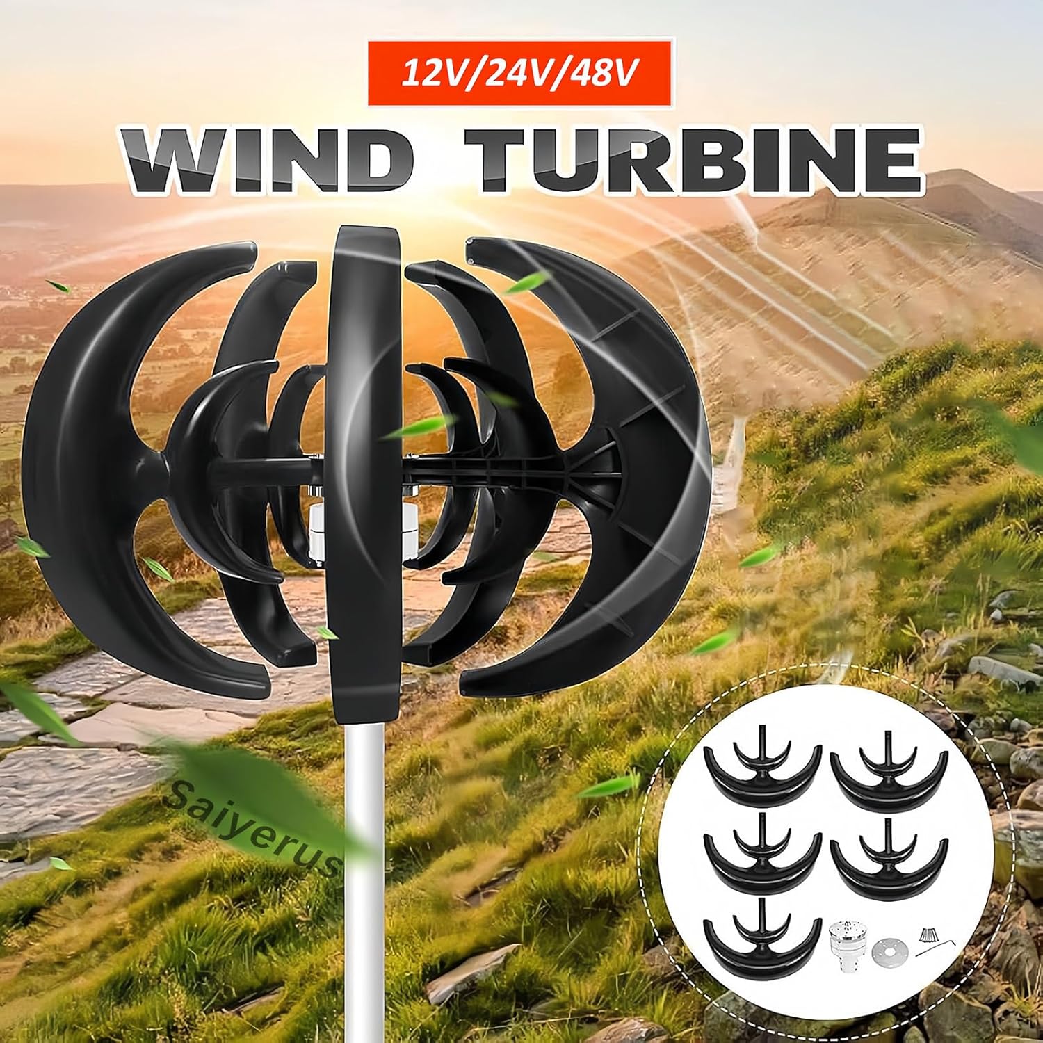 12V/24V/48V Wind Turbine Generator Kit, 5 Blade Vertical Wind Turbine Kit, Three Phase Ac Permanent Magnet Generator, Small Wind Turbine Generator (Black 12V)