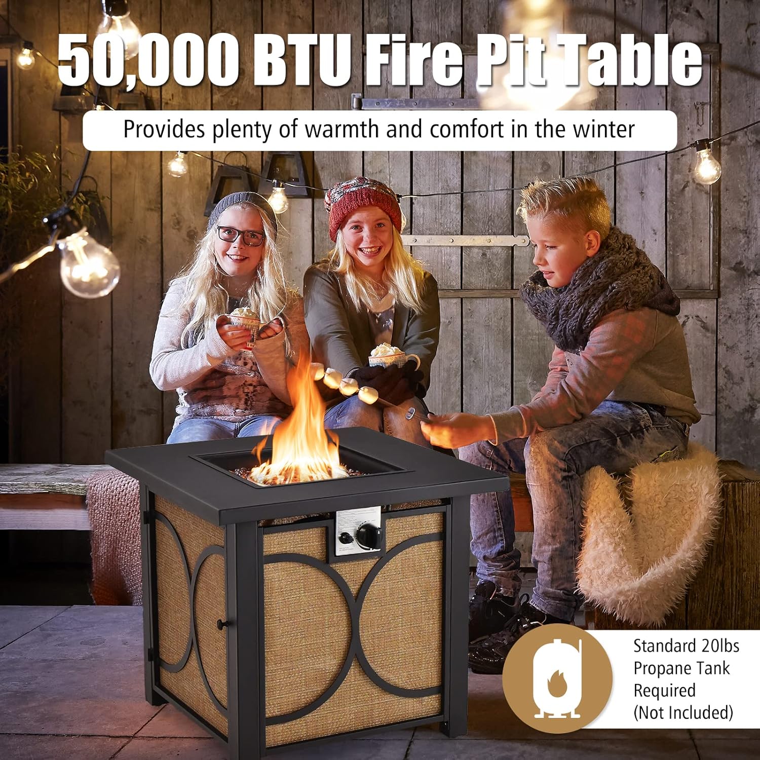 Giantex 28” Outdoor Fire Pit Table - 50,000 BTU Square Metal Fire Table with Lid, PVC Cover, Glass Stones, CSA Approved, 2-in-1 Ignition Propane Gas Fire Table for Outside Patio Garden Backyard Deck