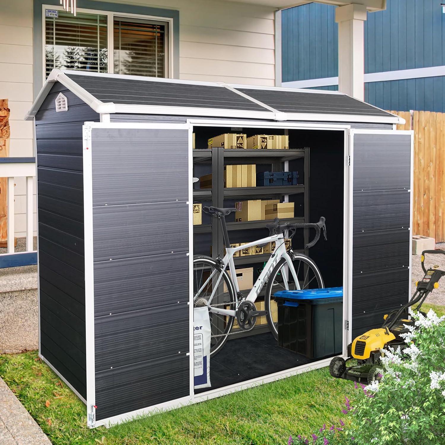 Extrastar 8x4FT Outdoor Storage Shed: Heavy-Duty Resin Shed with Double Doors, Built-in Floor, Windows & Air Weatherproof for Garden, Yard, Patio (Black, 8x4FT)