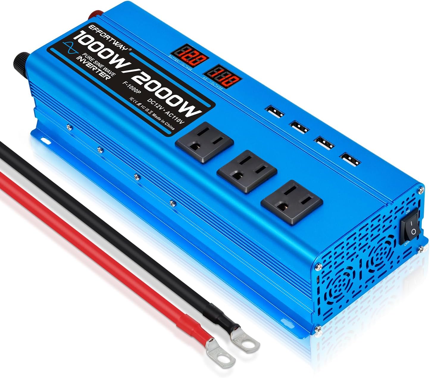 1000W Pure Sine Wave Inverter DC 12V to AC 110V/120V Converter 2000w (Peak) Car Power Converter with 3 AC Outlets, 4USB Port,Power Inverter for Car, Truck, Home, Vehicles, Laptop