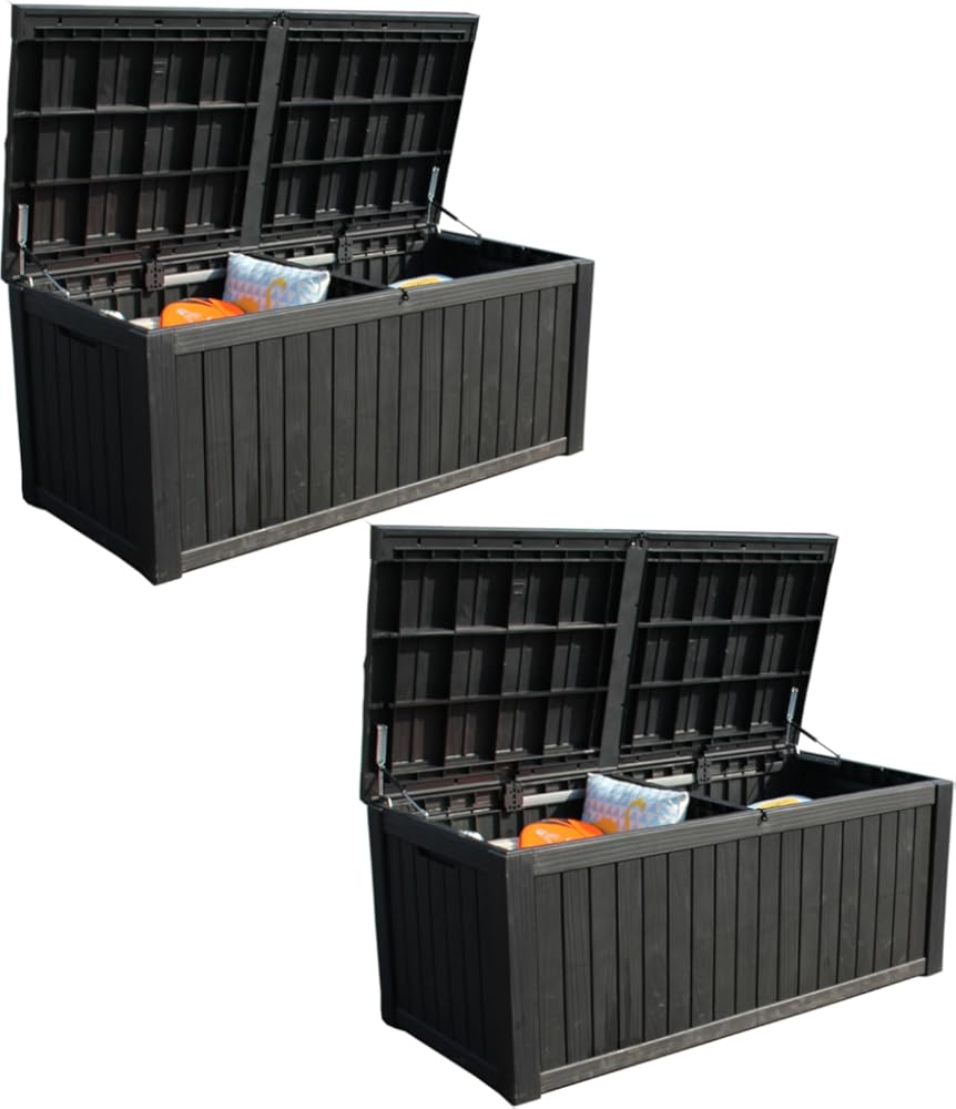 BTEXPERT 150 Gallon Outdoor Storage Container Deck Box with Metal Support Rods for Patio Furniture Garden Tools Waterproof Lockable UV Resistant Resin Set of 2