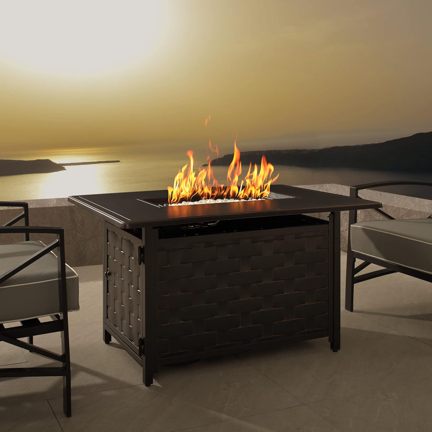 Fire Sense 63700 Preston Basketweave Aluminum Convertible Gas Fire Pit Table 45,000 BTU Multifunctional Outdoor Firepit with Fire Bowl Lid Nylon Cover Clear Fire Glass Bronze Finish - Rectangular 44