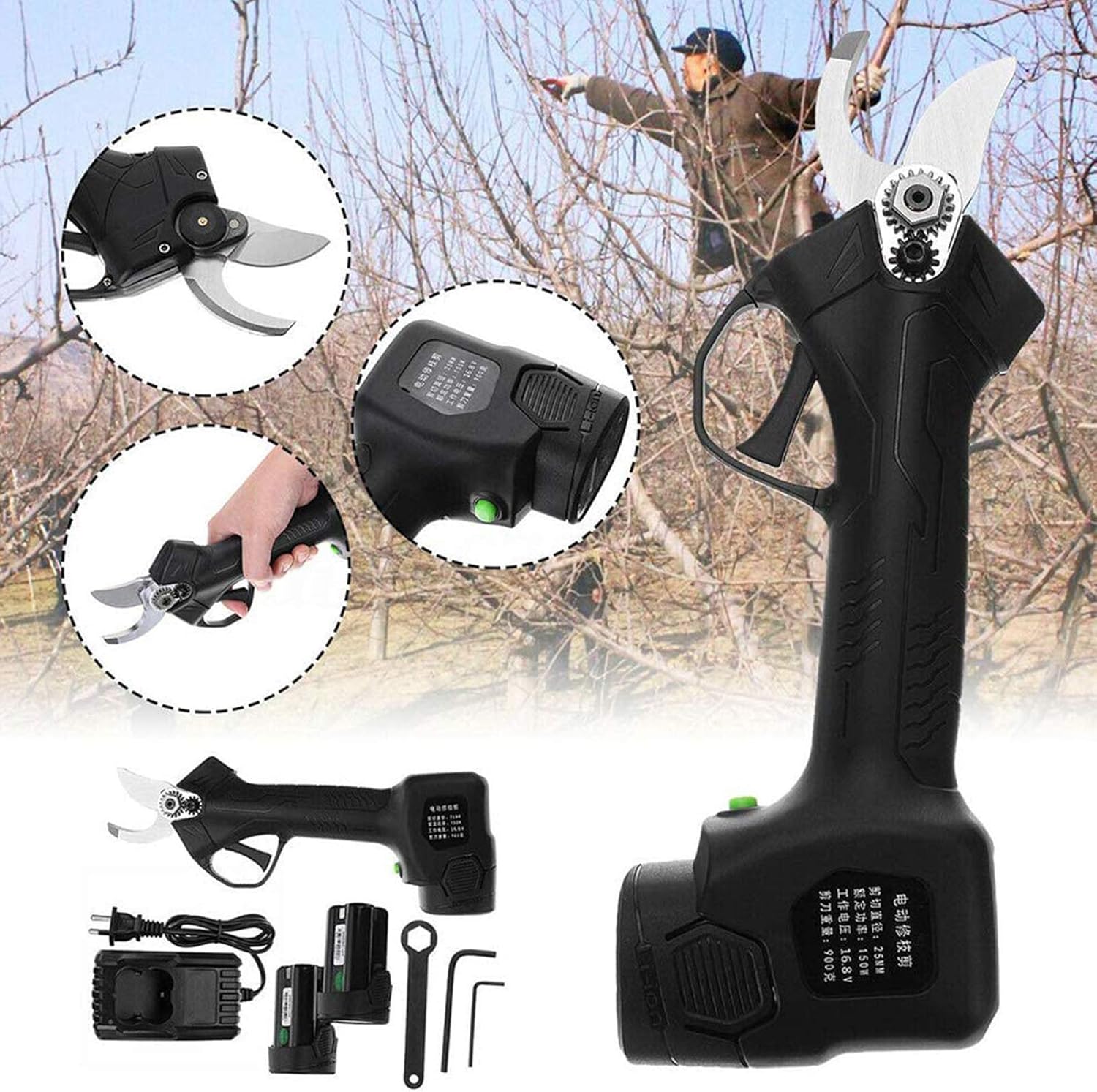 rofessional Cordless Electric Pruning Shears,2PCSp Rechargeable 2Ah Lithium Battery Powe Display Tree Branch Pruner,25mm Cutting Diameter,6-7 Working Hours