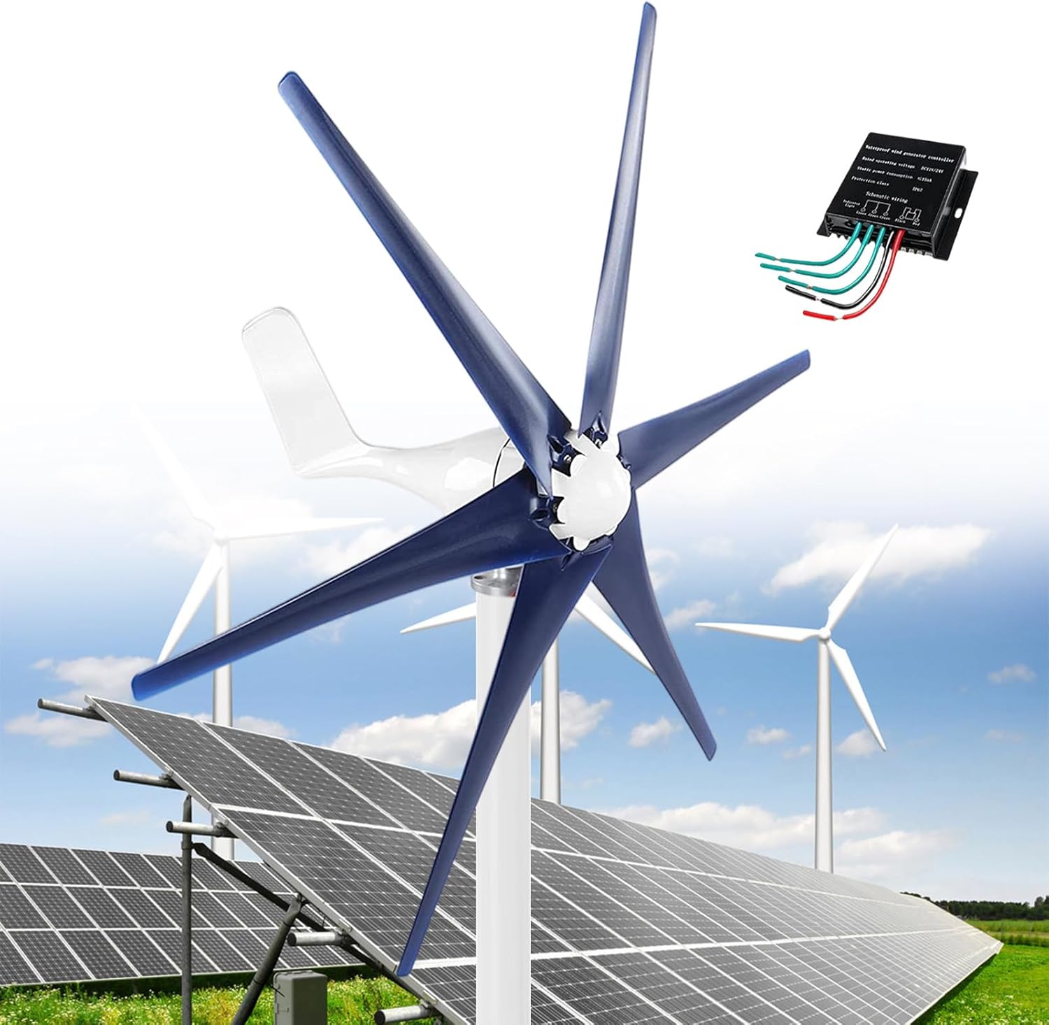 12000W Wind Power Turbine Generator, 12V/24V/48V DC Windmill Power Generator Kit, 5-Blade Automatically Adjust the Windward, 3 Phase AC Permanent Magnet Generator Kit with Controller,Navy-48V