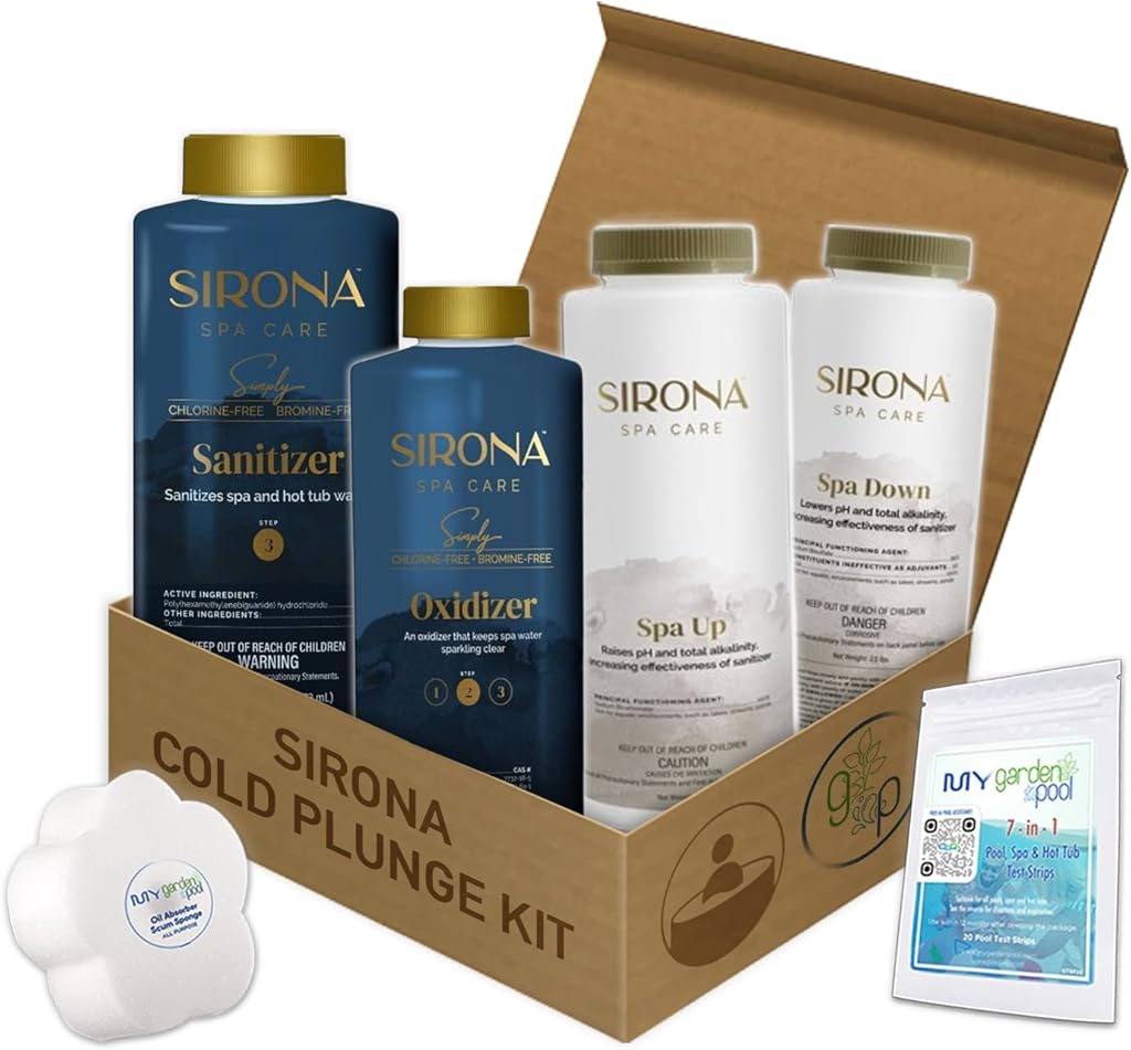 SRN Cold Plunge Kit – Sanitizer, Oxidizer, Spa Up, Spa Down – with My Garden Pool Scum Sponge & 7-in-1 Pool & Spa Test Strips (20 ct) – pH Balance & Maintenance Set for Ice Baths & Plunge Tubs