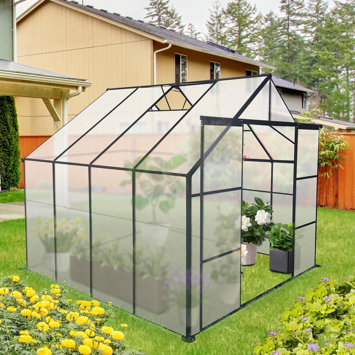 8x8 FT Double Door Polycarbonate Greenhouse Raised Base and Anchor Aluminum Heavy Duty Walk-in Greenhouses for Outdoor Backyard in All Season,Black