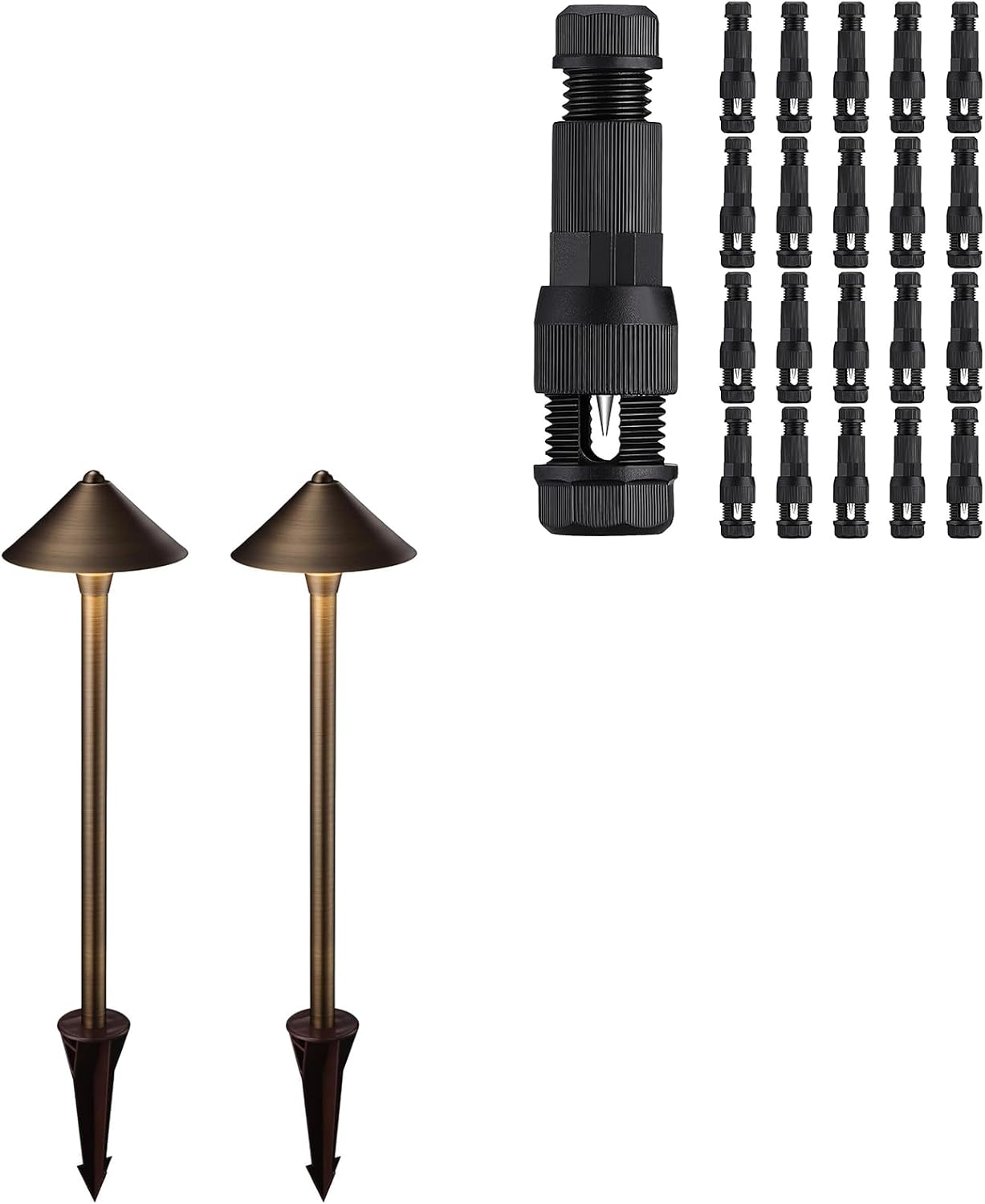 LEONLITE Pathway Lights Bundle Wire Connectors, 2-Pack Conehead Solid Cast Brass Pathway Lights, Work with G4 Bulb, IP65 & 20-Pack Fastlock Wire Connectors for Landscape Lighting
