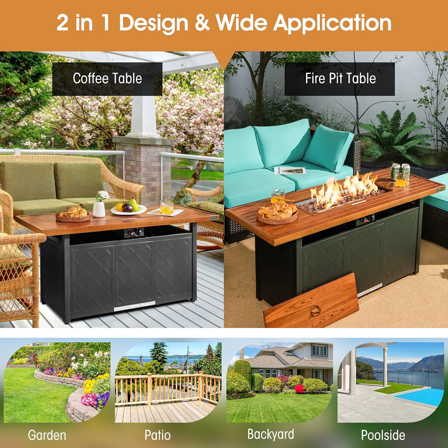 ORALNER Propane Fire Pit Table, 57” Rectangular Outdoor Fire Table 50,000 BTU Fire Pit w/Lid & Lava Rocks Auto Ignition Metal Patio Fireplace, Gas Firepit Table for Outside Yard Balcony Deck, Brown