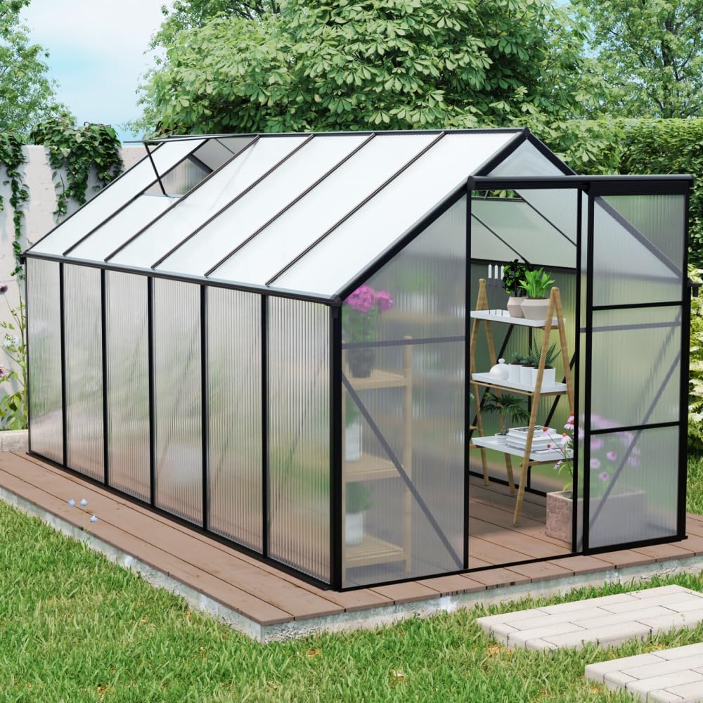 Outdoor Polycarbonate Greenhouse, Heavy Duty Walk-in Greenhouses with Raised Base & Anchor, Adjustable Roof Vent, Sliding Door for Garden & Backyard in All Season (Black 6*12FT)
