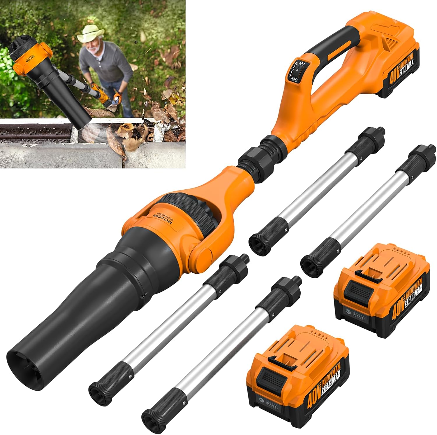 Roof Gutter Cleaning from The Ground, 40V Leaf Blowers Cordless, 580CFM/180MPH with 2 Batteries and Charger, Brushless 2-Speed Motor for Gutter Cleaning Extension Attachment Kit for Garden,House