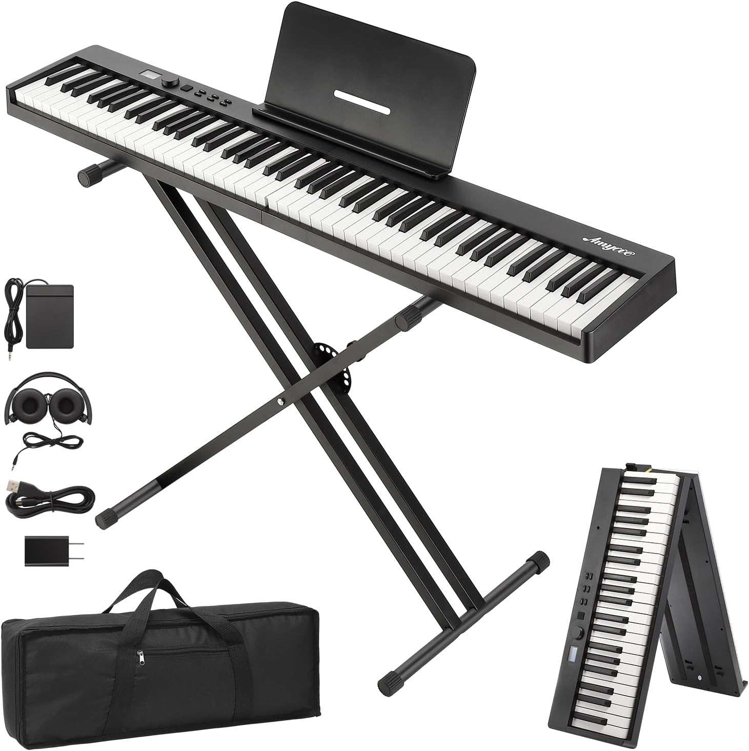 CABIHOME Portable Piano Keyboard, 88 Key Semi Weighted Keyboards Electric Piano with BT Wireless/USB MIDI/Sustain Pedal and Bag, Folding Digital Piano with Full Size Keyboard for Beginners Adults
