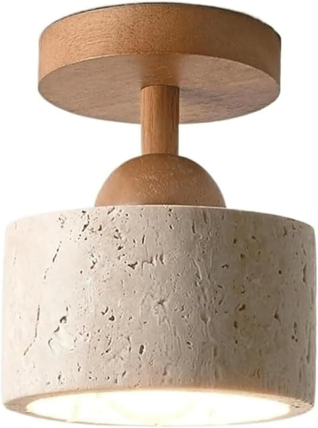 Modern Minimalist Travertine & Wood Semi-Recessed Ceiling Light, 4.7