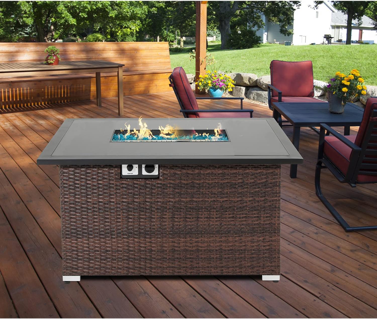 HOMPUS Outdoor Patio Propane Gas Fire Pit Coffee Table 44-Inch 40,000 BTU Rectangular PE Wicker Patio Fire Place, Waterproof Cover and Free Fire Glass, Internal Tank Storage, Brown