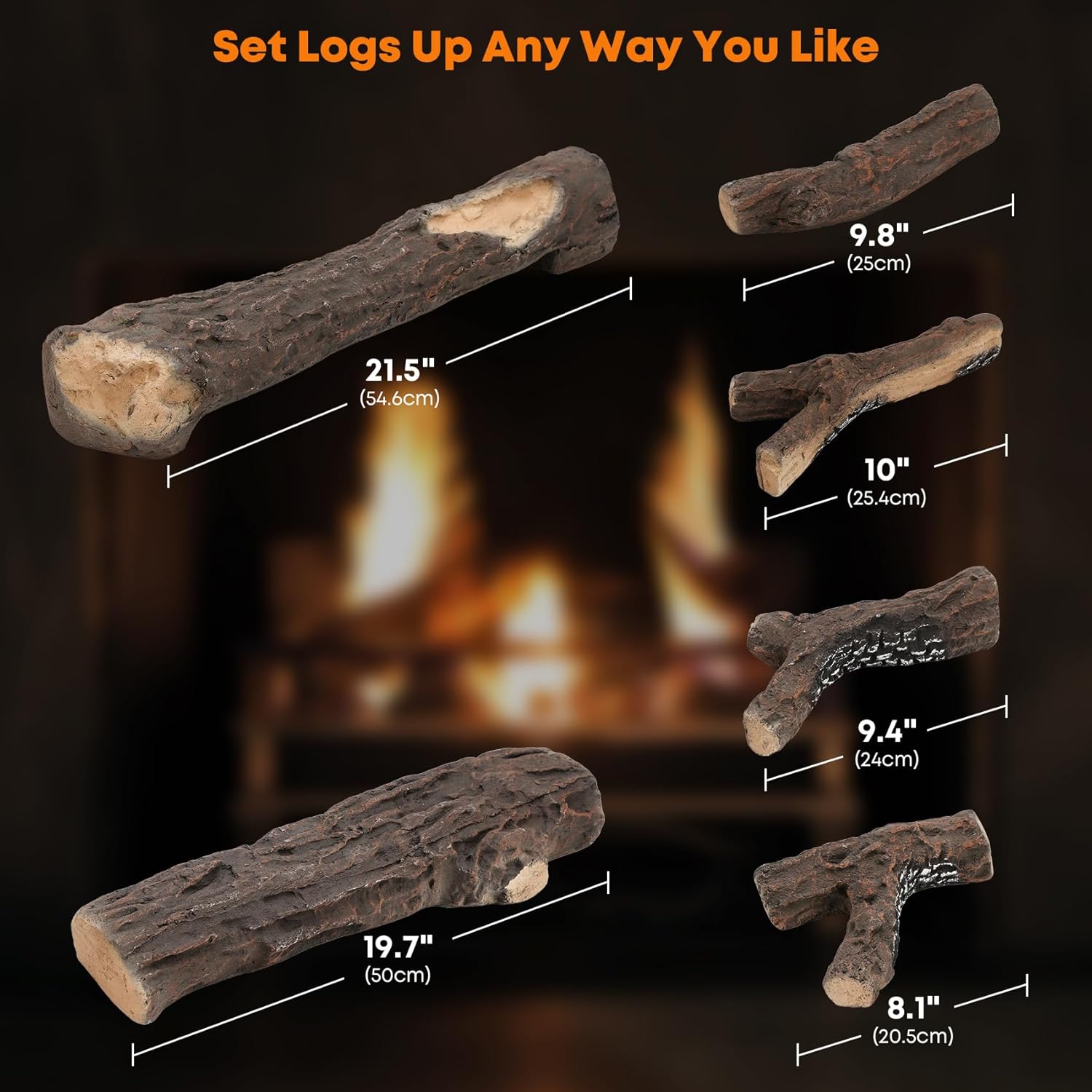 Stanbroil Extra Large Ceramic Gas Logs, 6 Piece Set of Decoration Ceramic Wood Logs for All Types of Ventless, Gel, Ethanol, Electric, Gas Inserts, Propane, Indoor or Outdoor Fireplaces & Fire Pits
