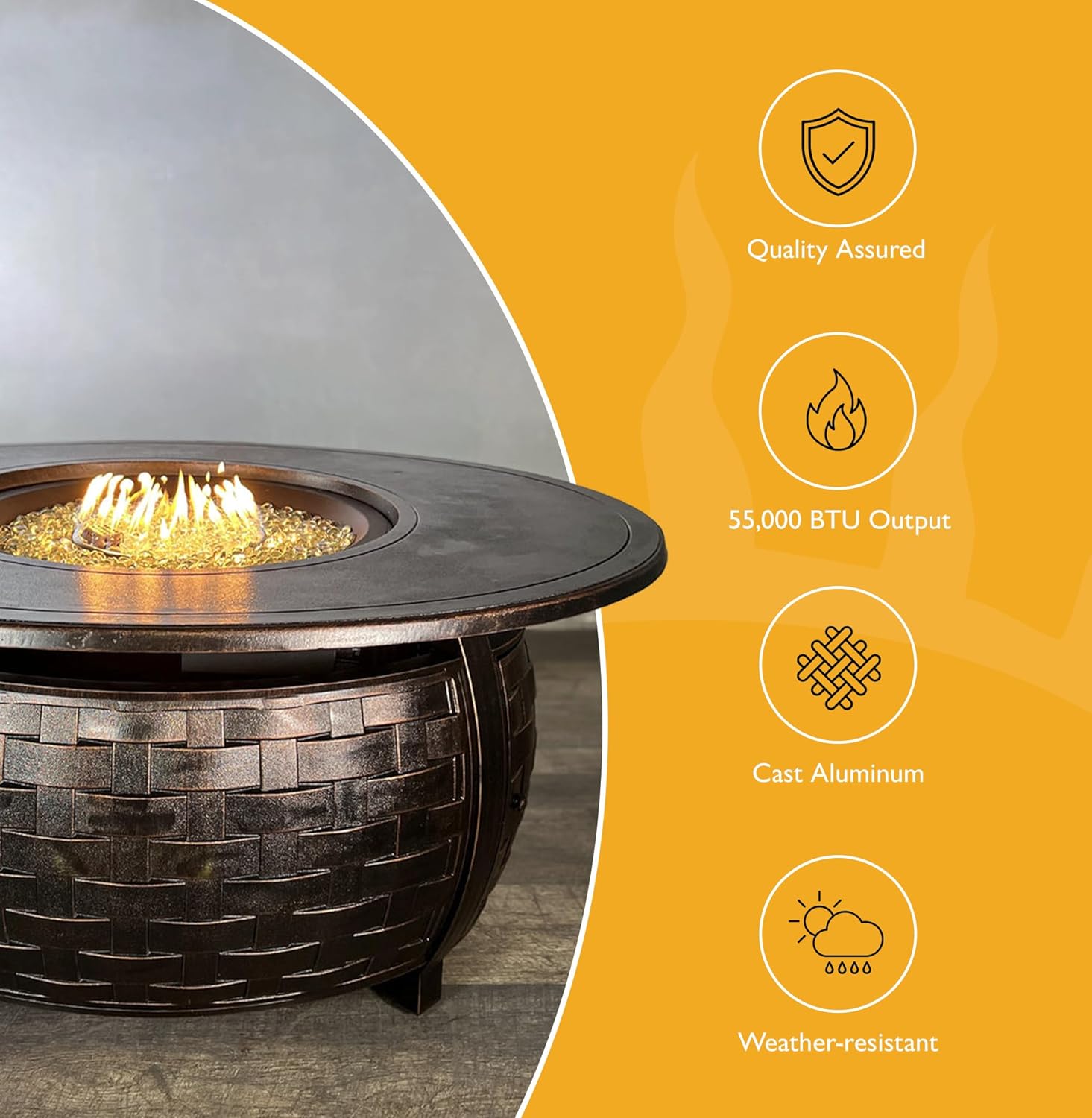 Golden Flame Bel Air 48 x 38 Oval | 55,000 BTU Cast Aluminum Natural Gas Fire Pit Table with Lid, Fire Glass Rocks, Patio Cover, 12-Ft NG Hose | Outdoor Tabletop Fireplace | Antique Copper Finish