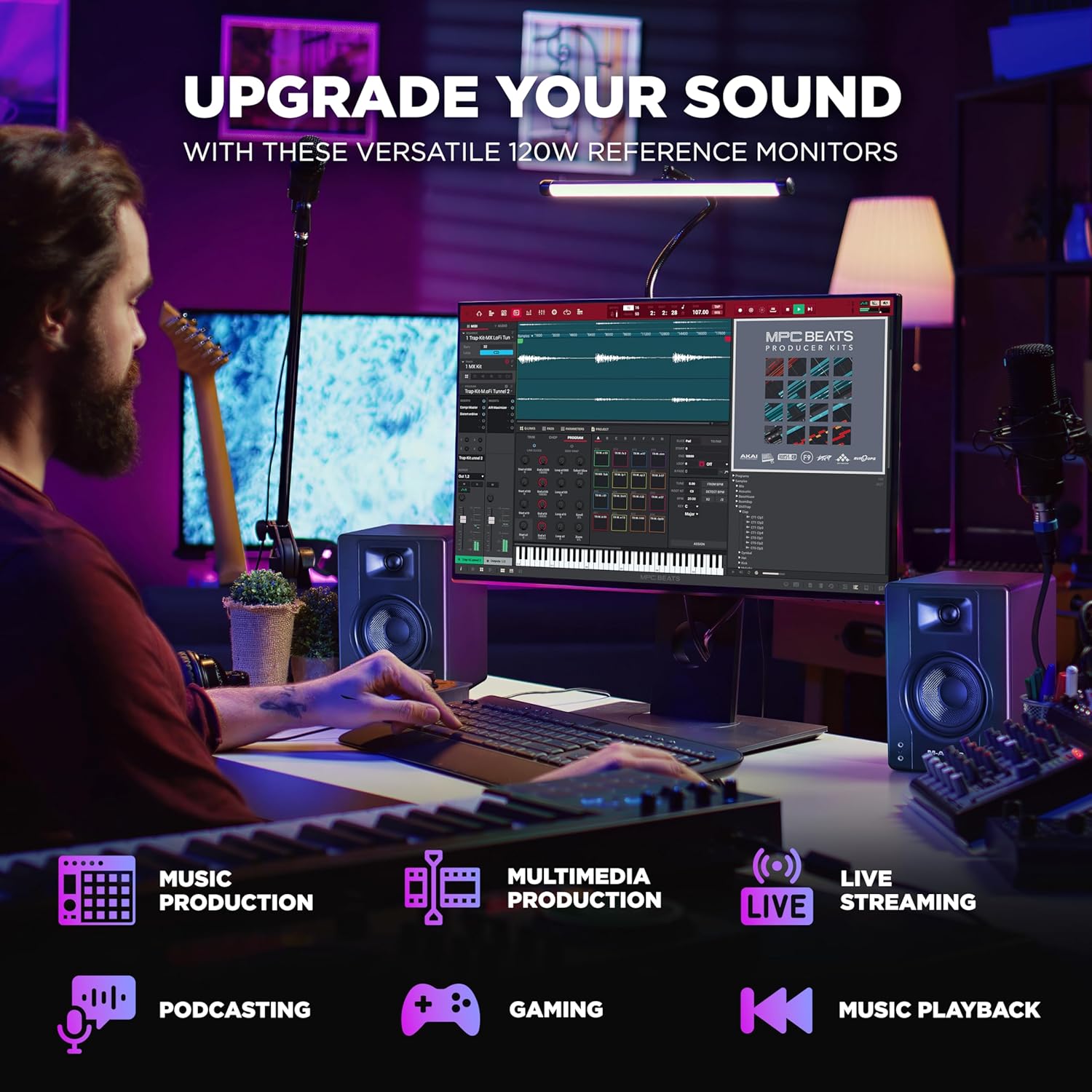 M-AUDIO BX4 Pair Studio Monitors Bundle with Single XLR Audio Interface and Headphones for Studio Recording, Music Production, Podcasting, Streaming