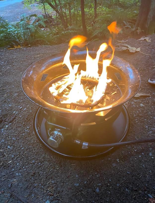 Rocky Mountain Goods Steel Portable Outdoor Fire Pit for Gas/Propane - Patented Lock Carrying Lid - Included Pumice Stones, Gas Hose, Regulator Tank - Durable Steel - 54,000 BTUs - Smokeless No Mess