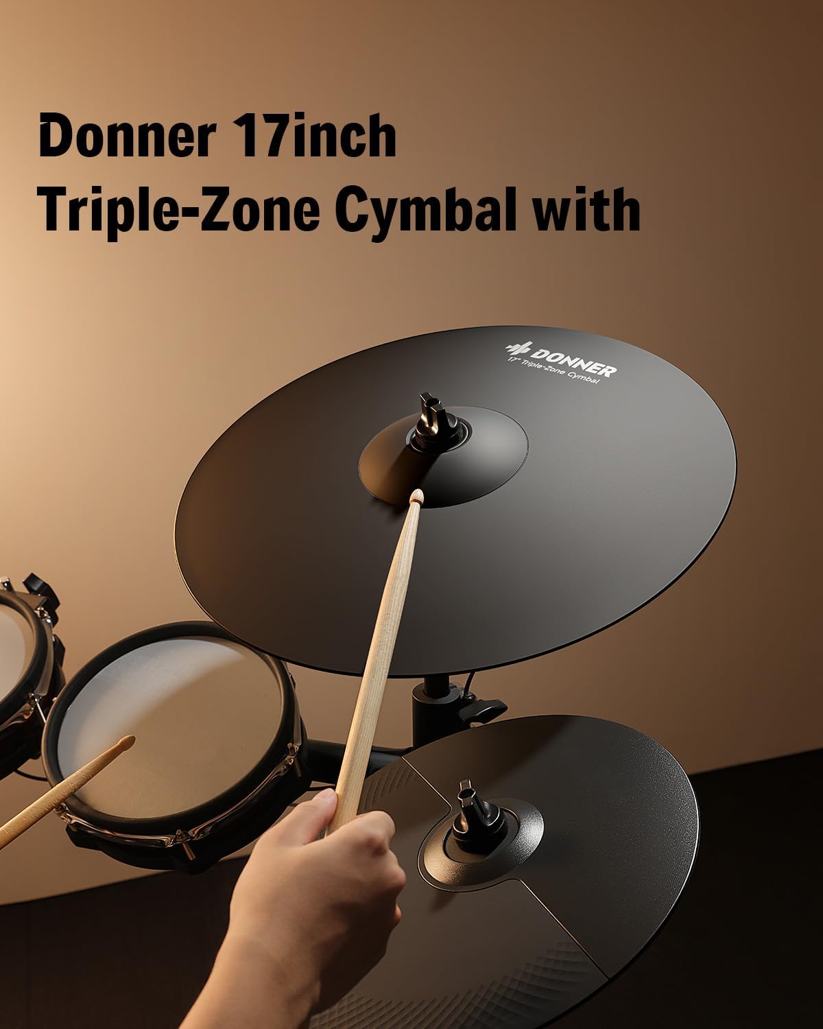 Donner Mute Cymbal for Electronic Drum Set, 17-inch Triple-Zone Crash/Ride Cymbal for Electric Drum Kit, 3 Zone E Cymbal for Digital Drum (CYB-17T)