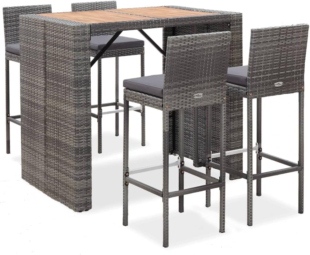 5 Piece Patio Bar Set Poly Rattan and Acacia Wood Gray,Stylish and Functional Poly Rattan Bar Set for Outdoor Living Spaces Furniture Sets for Patio, Lawn & Garden