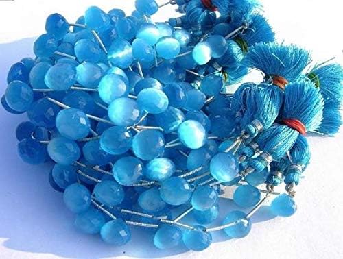 13 inch natural beads strand of 9-10mm faceted onion aqua blue cats eye gemstone briolletes beads for DIY jewelry - necklace, bracelet, earring, ring.