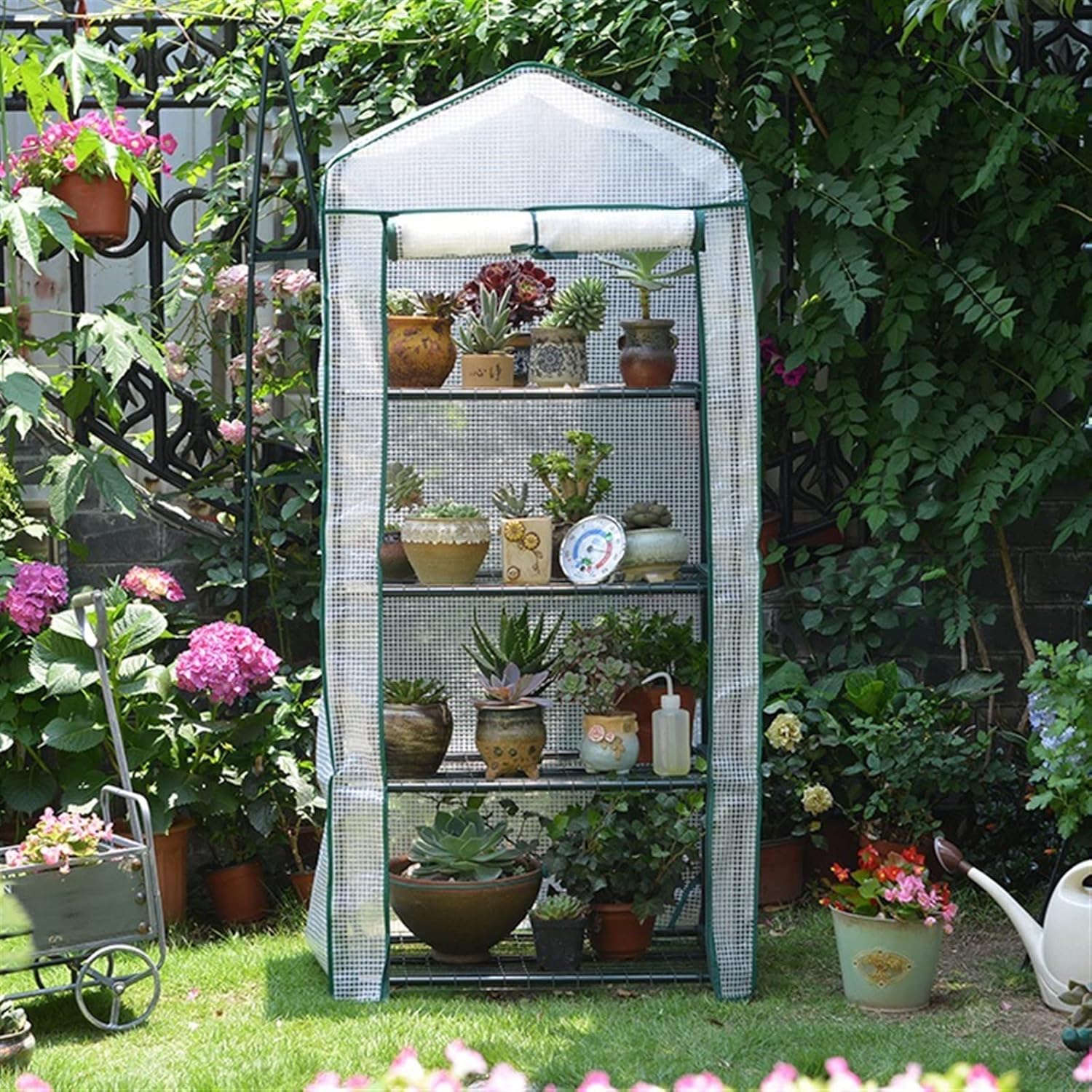 Small Grow Greenhouse,Fast Setup Reusable Indoor Outdoor Plastic Plant Gardening Green House,Grow Seeds & Seedlings, Metal Shelves for Garden Yard Patio ( Color : White , Battery *1 : 4 Tier )